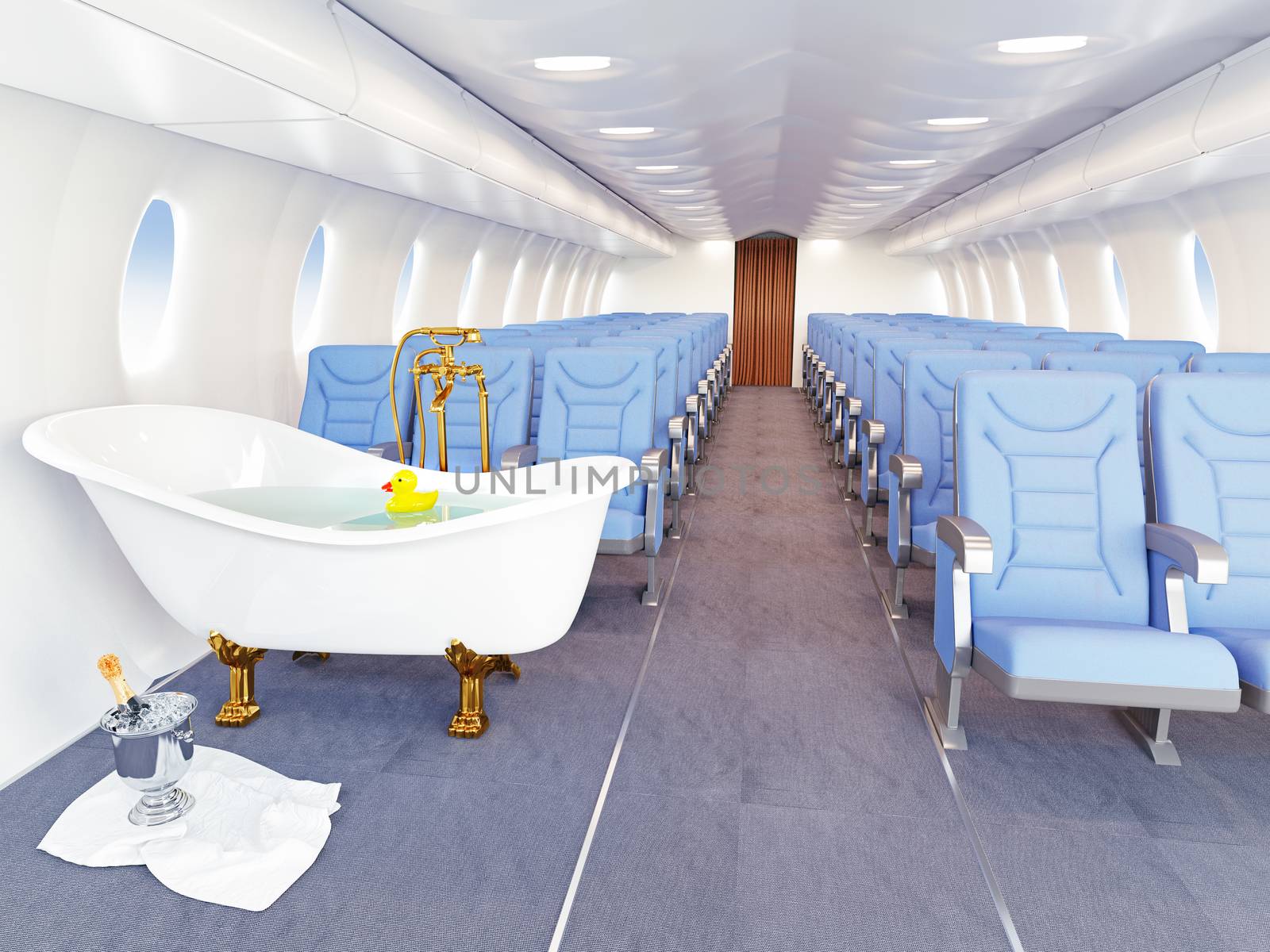 luxury bathtube in airplane cabin. 3d creativity concept 
