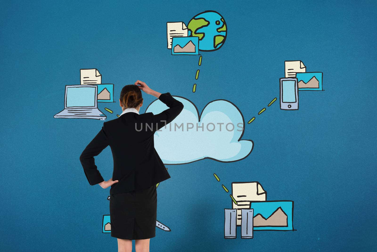 Composite image of young businesswoman standing and thinking by Wavebreakmedia