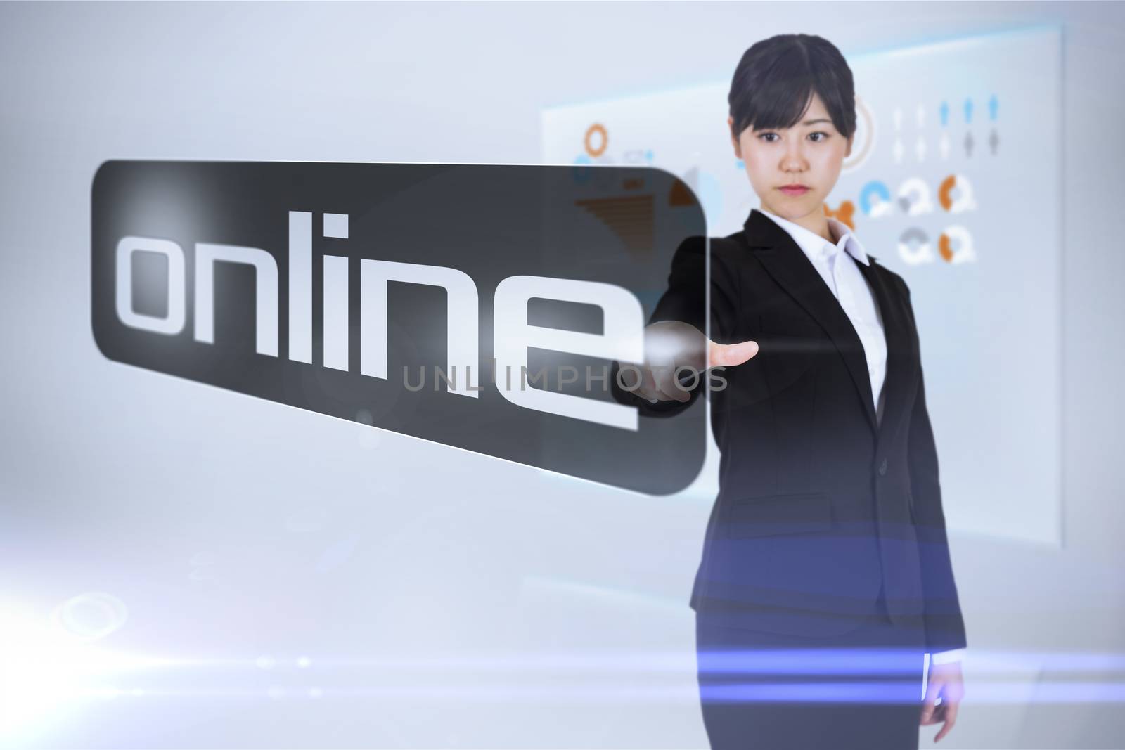 Businesswoman pointing to word online against technology interface