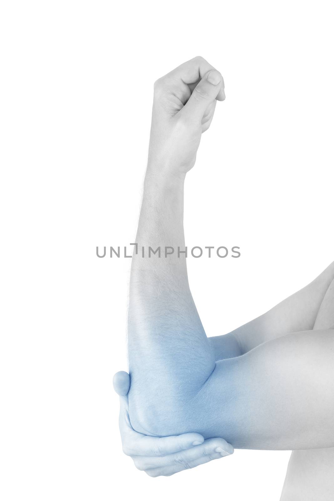 Close up on highlighted pain area, elbow pain. Male hand holding his elbow isolated on white background. Chronic pain concept. Cold pain.