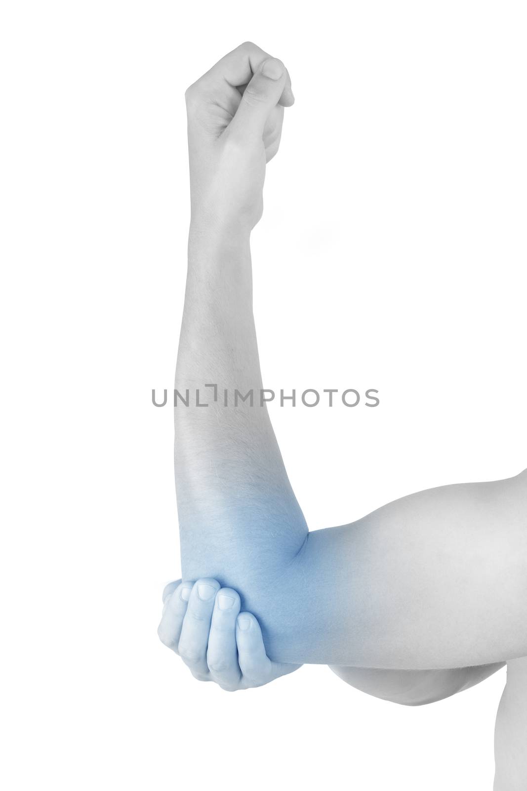 Close up on highlighted pain area, elbow pain. Male hand holding his elbow isolated on white background. Chronic pain concept. Cold pain.