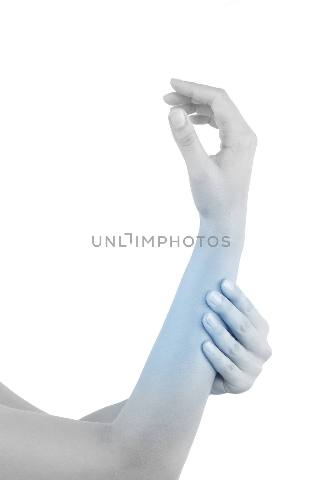 Forearm muscle strain. Female hand touching forearm with highlighted pain area isolated on white background. 