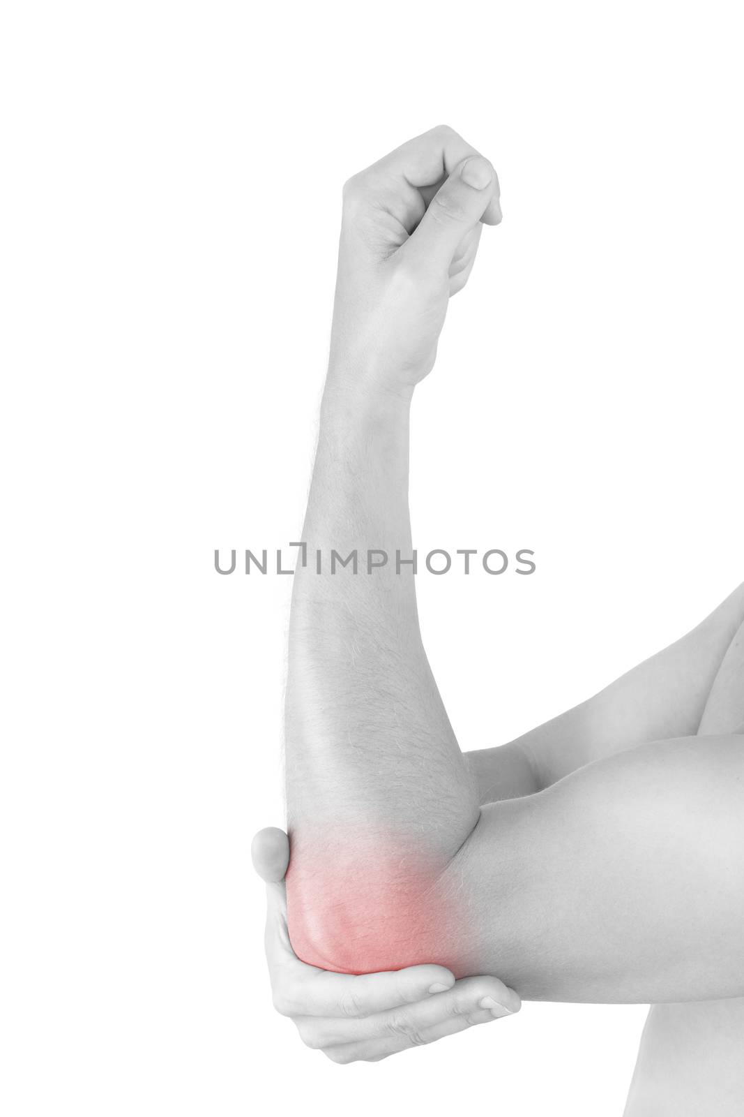 Close up on highlighted pain area, elbow pain. Man holding his elbow isolated on white background. Chronic pain concept.