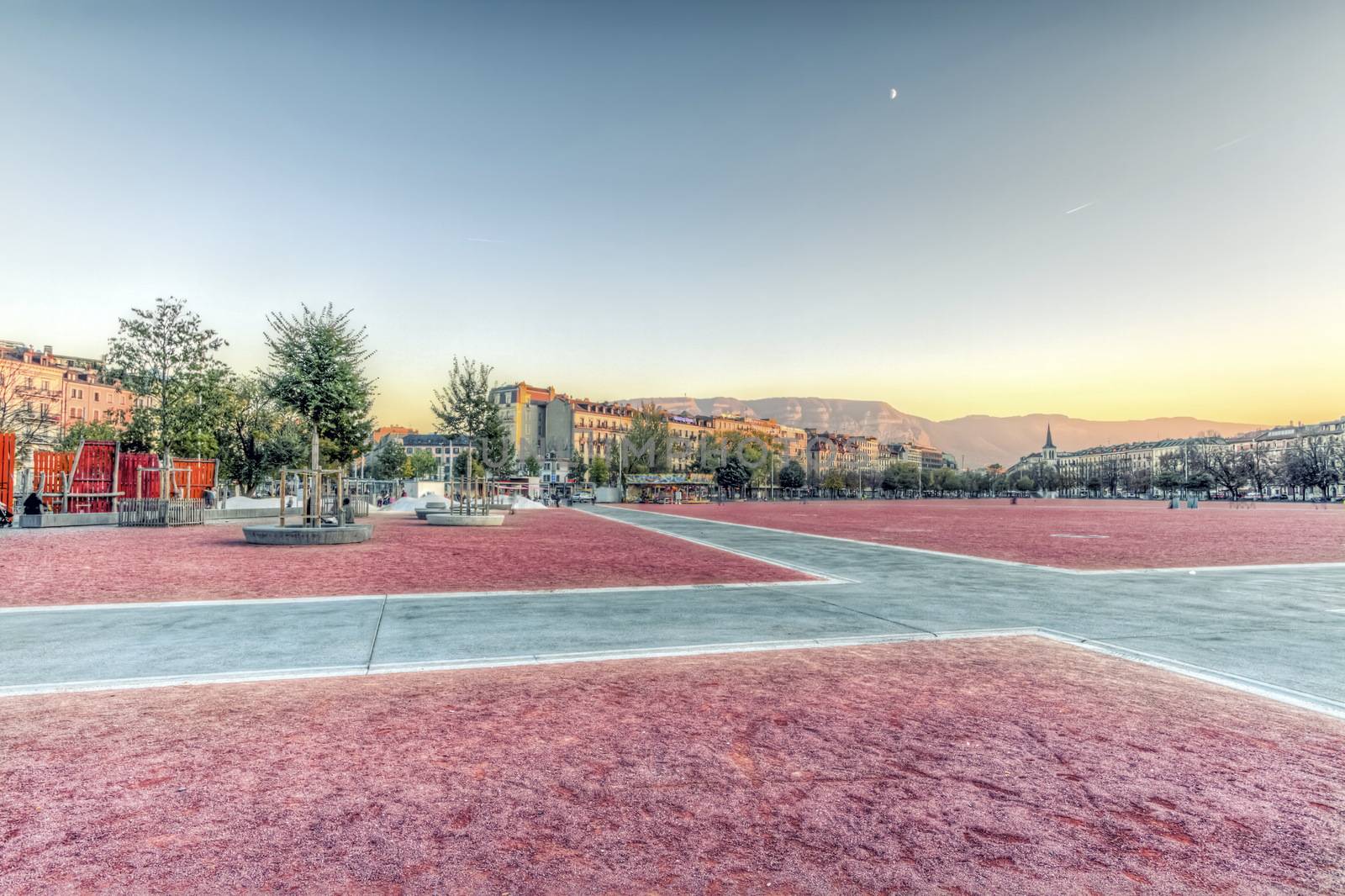 Plain of Plainpalais by sunset in Geneva, Switzerland, HDR