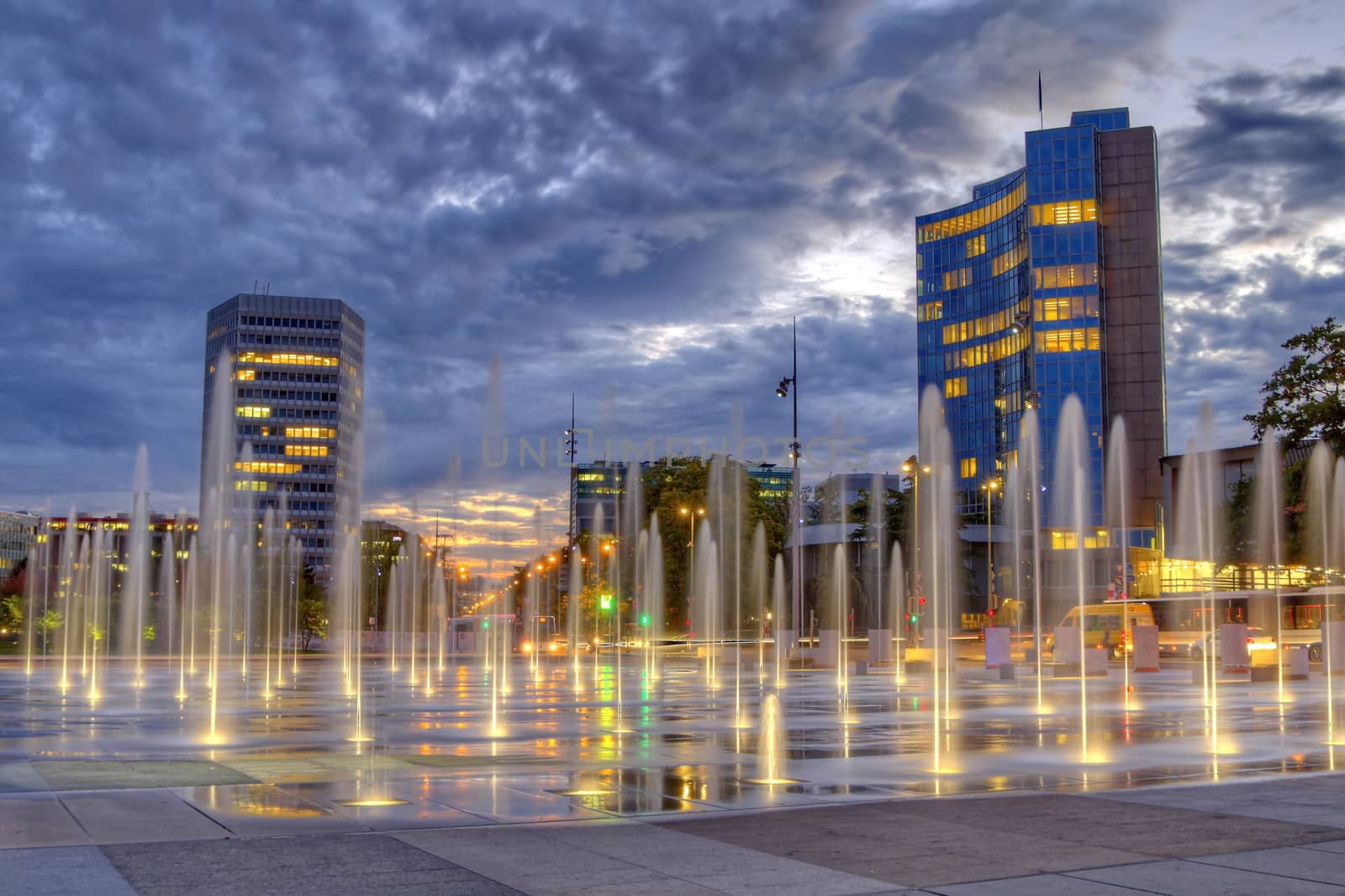 United-Nations place and international organisations buildings by night, Geneva, Switzerland, HDR