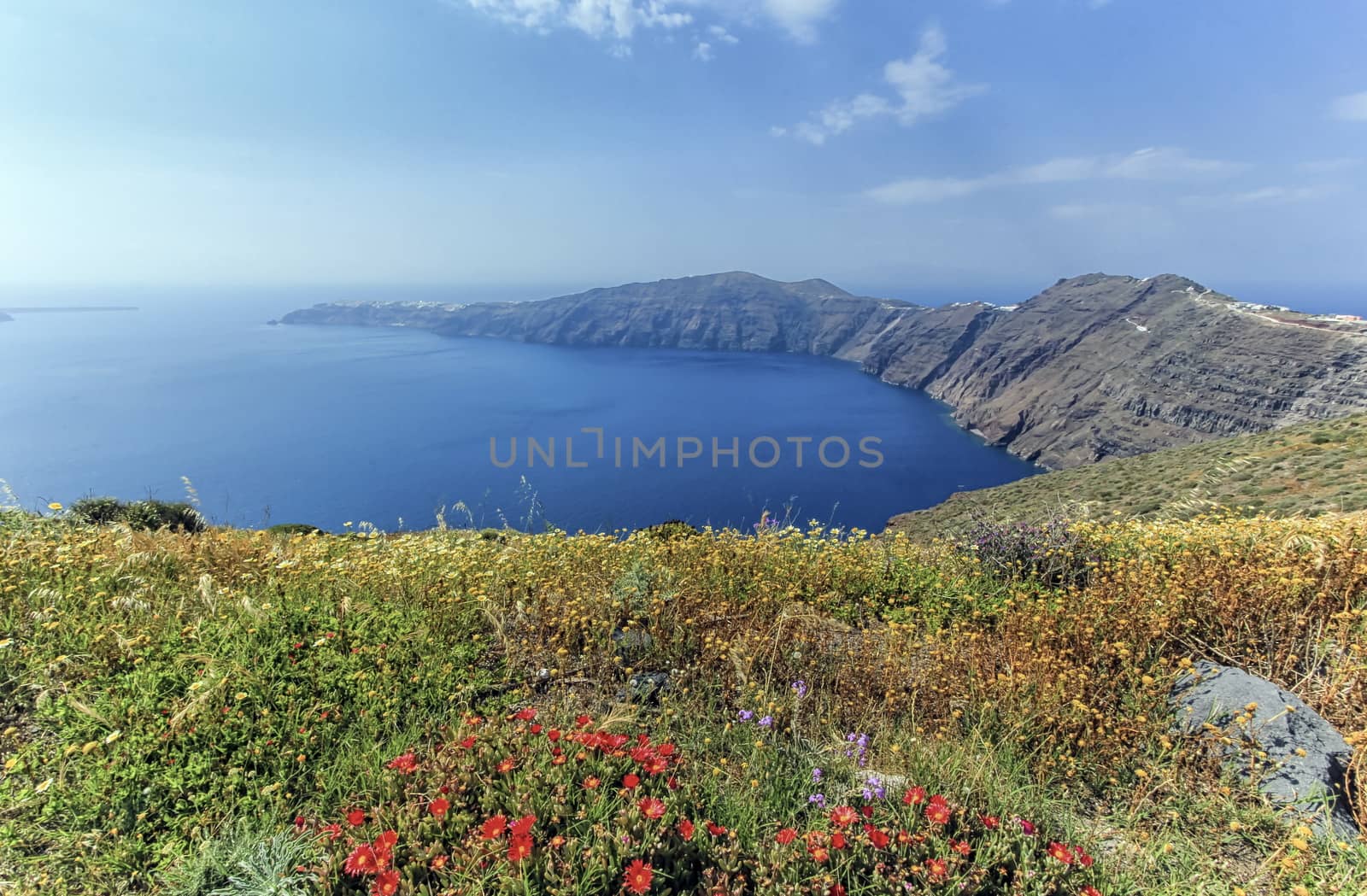 View on the north of Santorini island by beautiful day, Greece