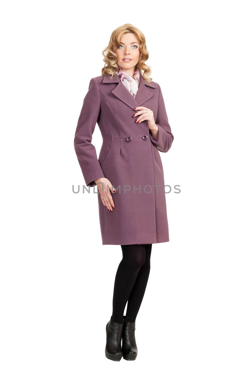 The girl in a violet  autumn coat on a white background