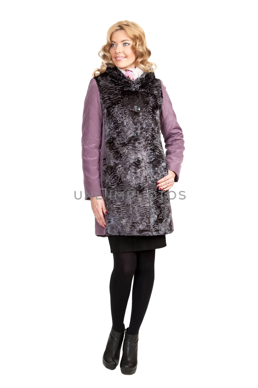 The girl in a violet  autumn coat on a white background