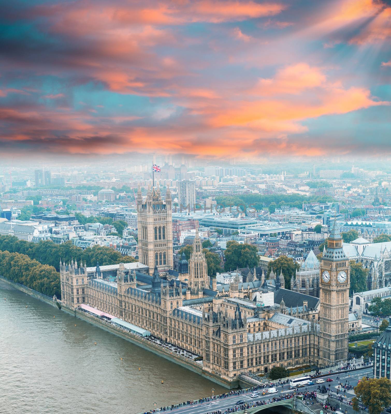 Wonderful aerial view of Big Ben and Houses of Parliament in Westminster - London - UK.