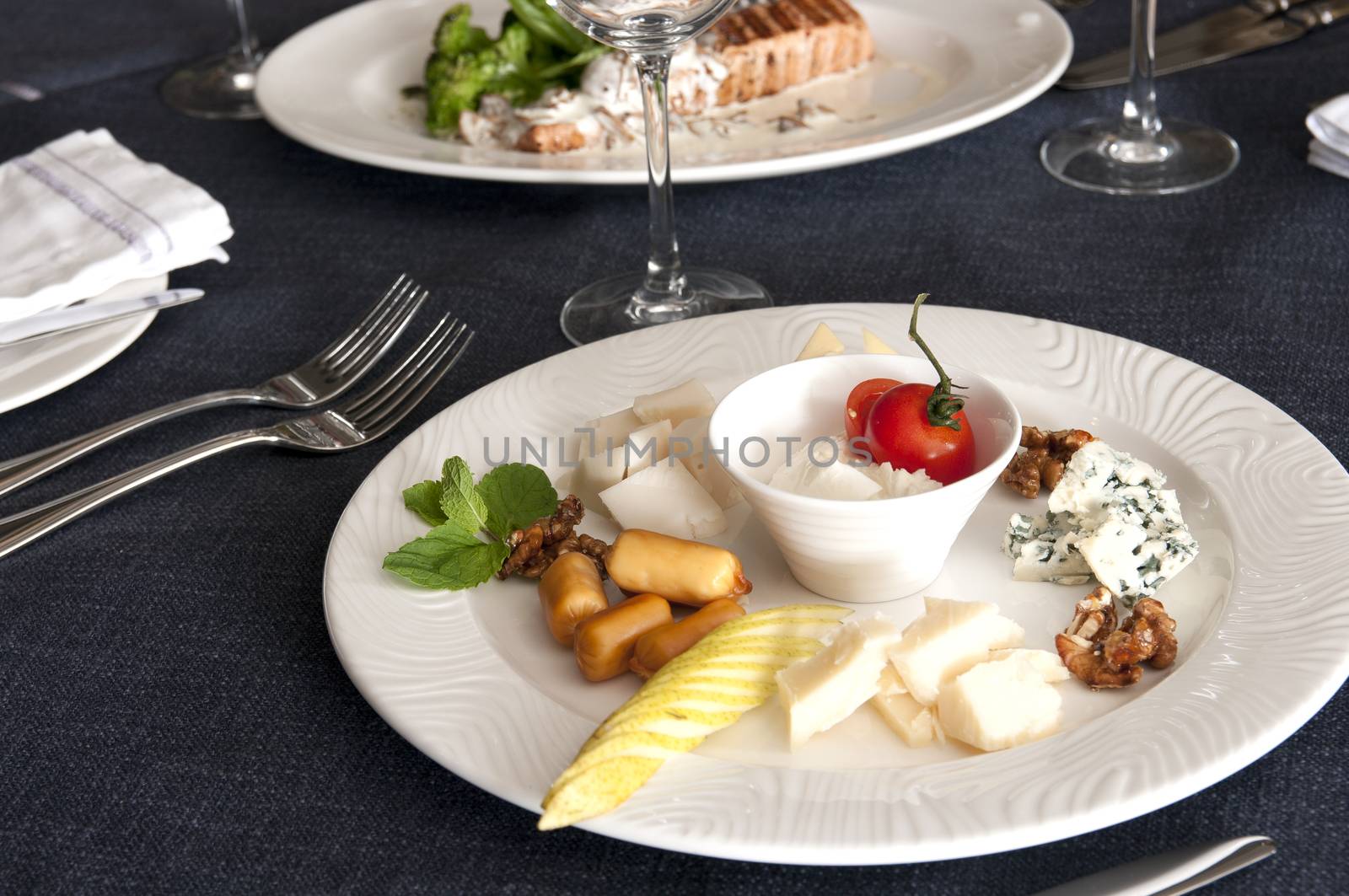 Beautiful decorated table. Tasty and beautiful food in a restaurant