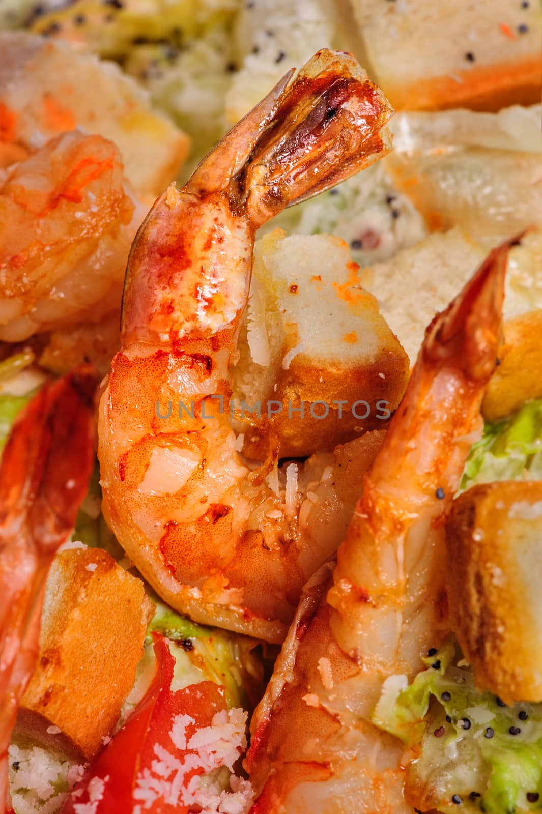 Fried big red shrimps, detailed macro shot