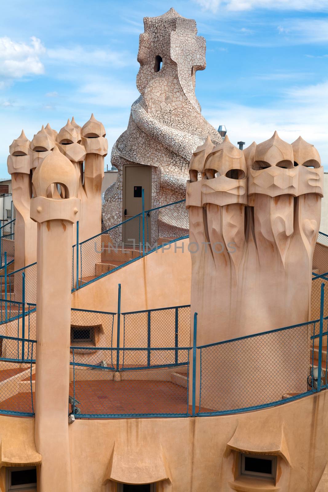 BARCELONA, SPAIN - APRIL 14: Antoni Gaudi's work at the roof of Casa Mila on Apr 14, 2012 in Barcelona, Spain. Popularly known as La Pedrera, this modernist house was built between 1906 and 1910.