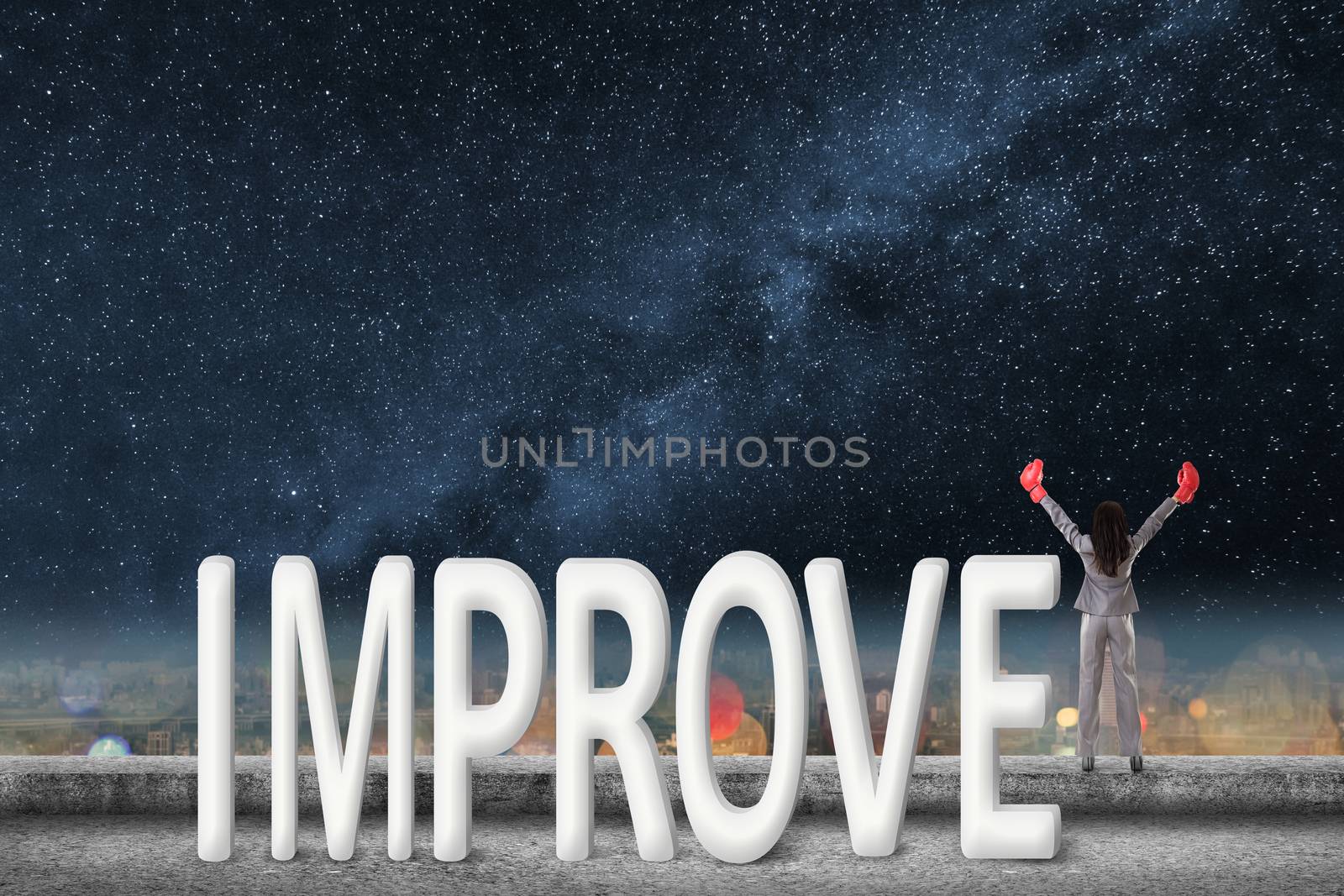 Fight for improve, concept images with 3d text and asian business woman under sky.