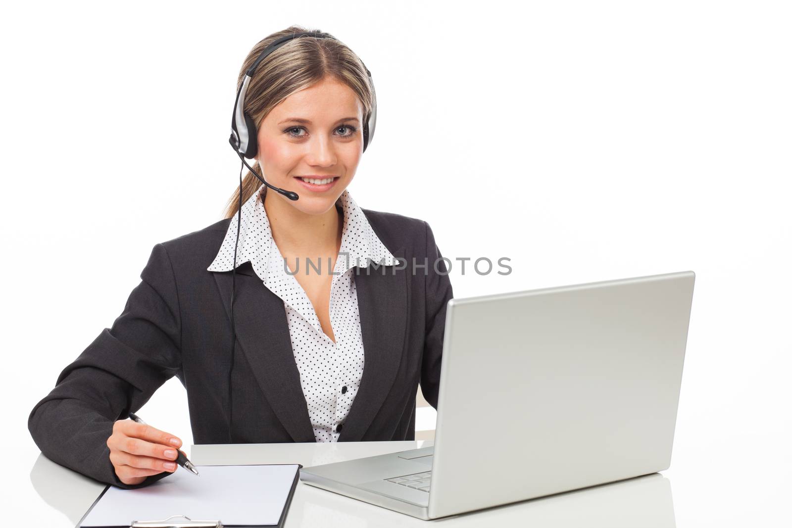 Beautiful young woman with headphones and laptop illustrating business service, on white