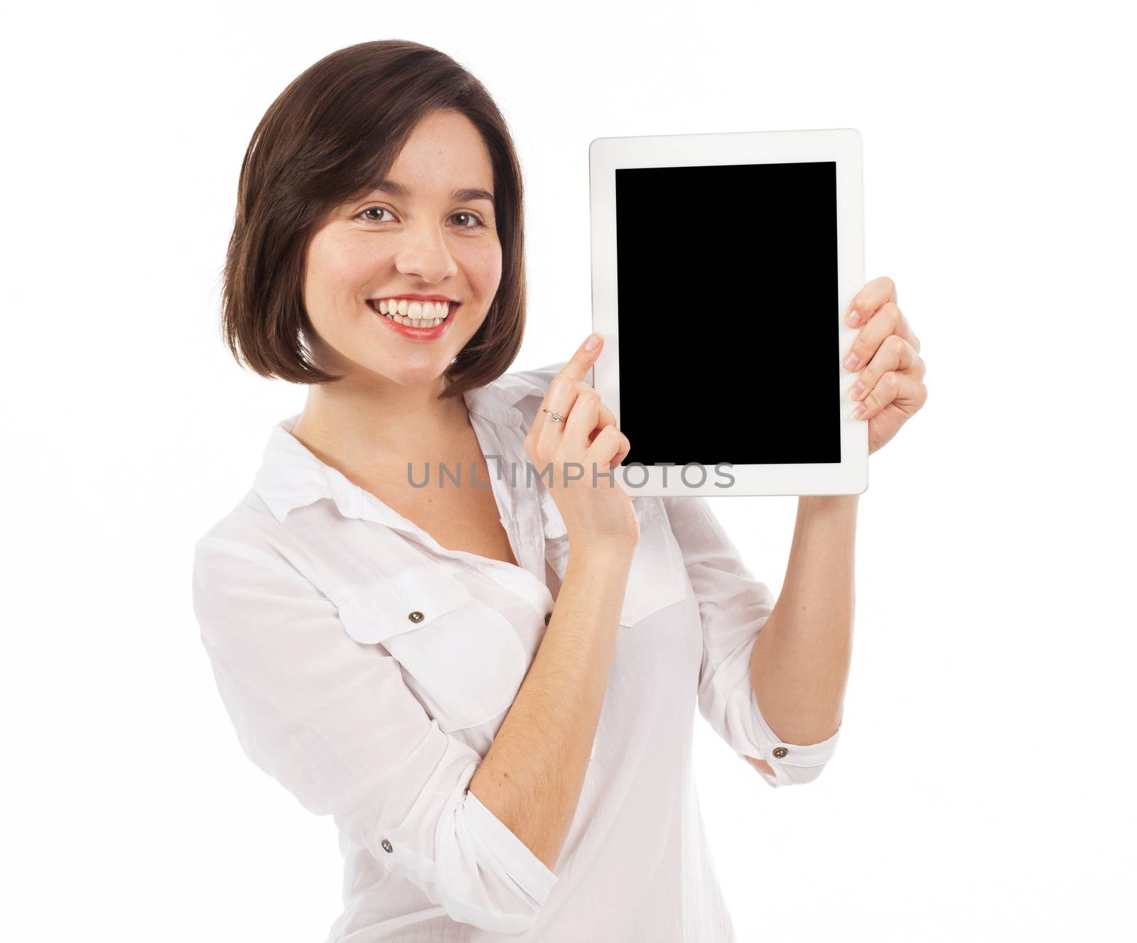 Smiling woman holding and showing a blank touchpad, communication concept, isolated on white