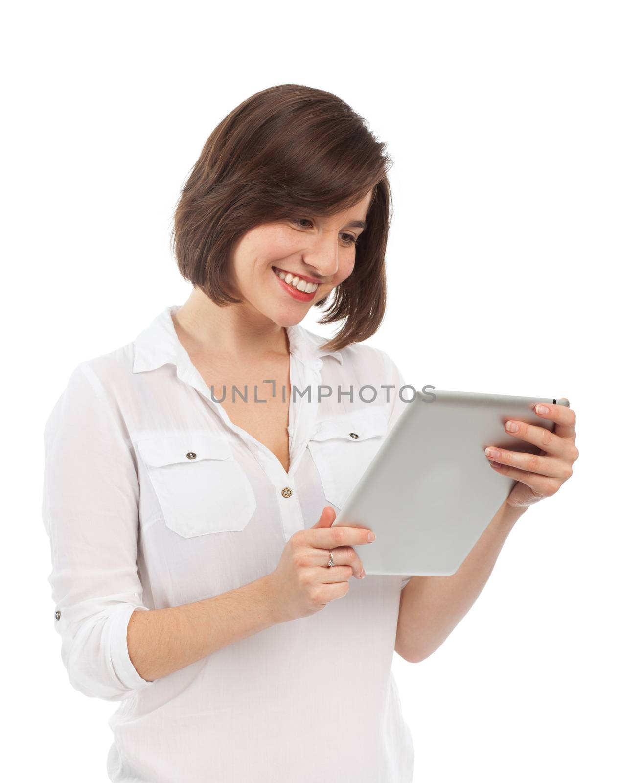 Smiling woman holding an electronic tablet by TristanBM