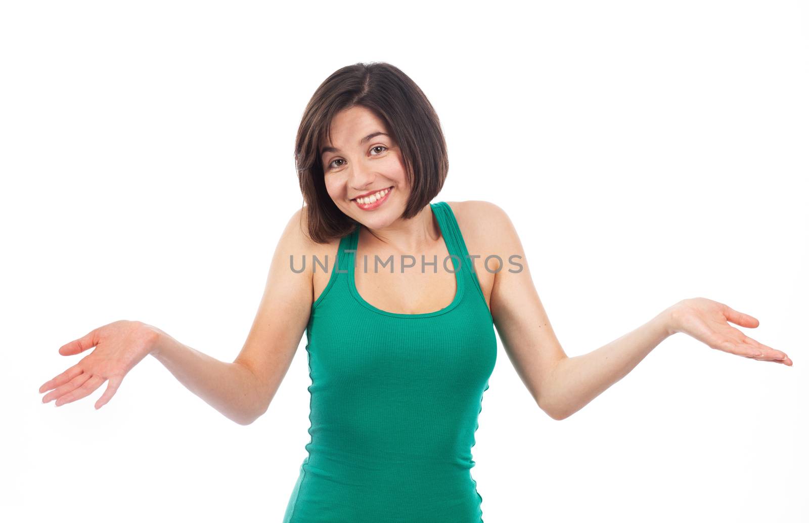 Portrait of a young brunette having a doubting gesture, isolated on white