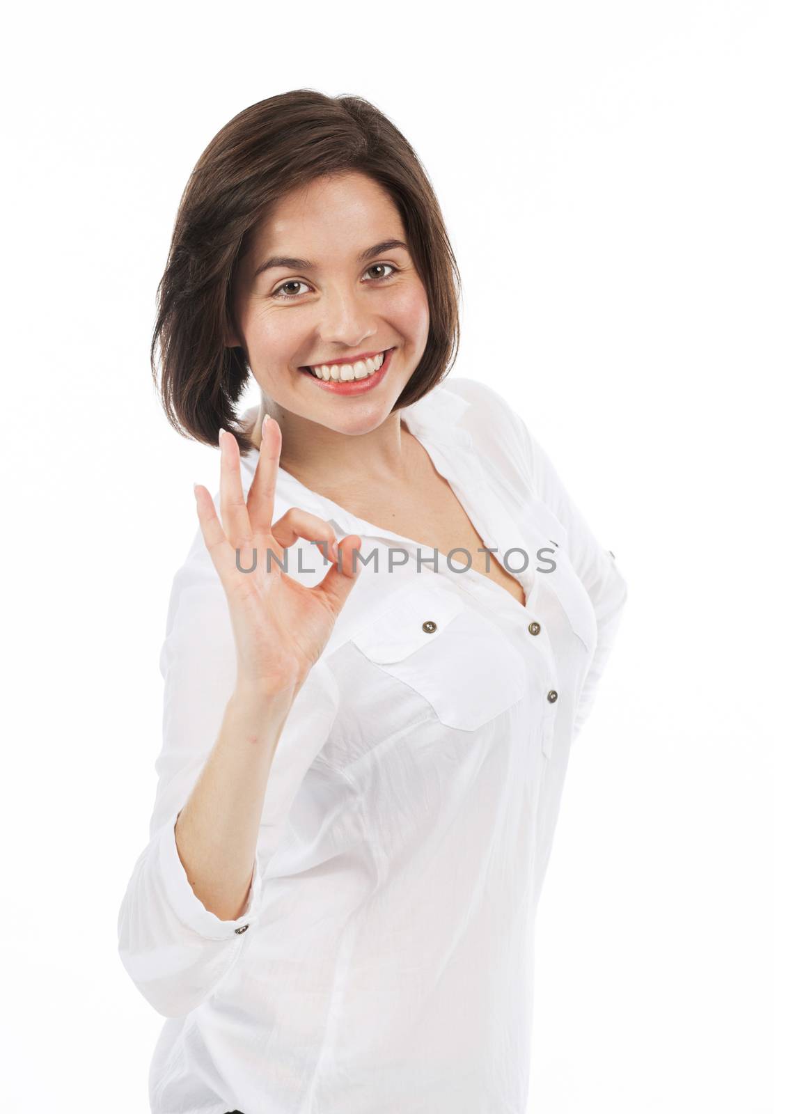 Portrait of smiling woman having a positive gesture, isolated on white