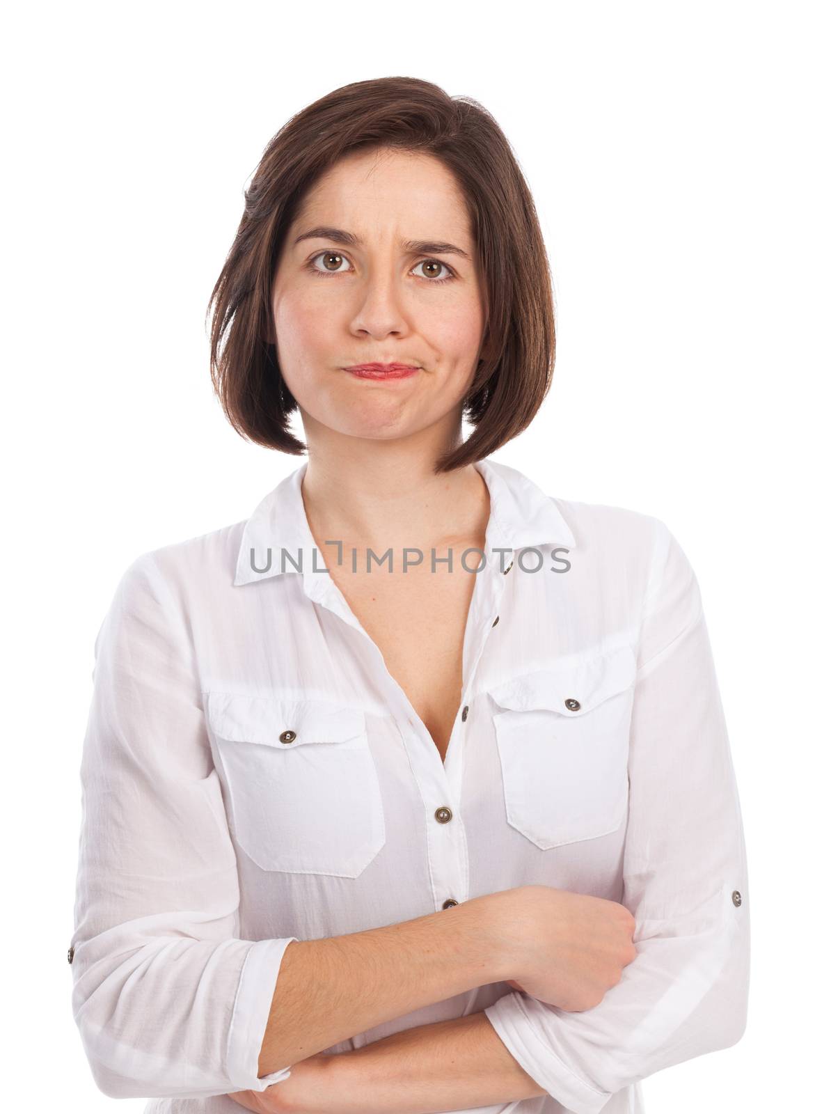 Portrait of a young woman looking discontented, wondering, indecisive, isolated on white