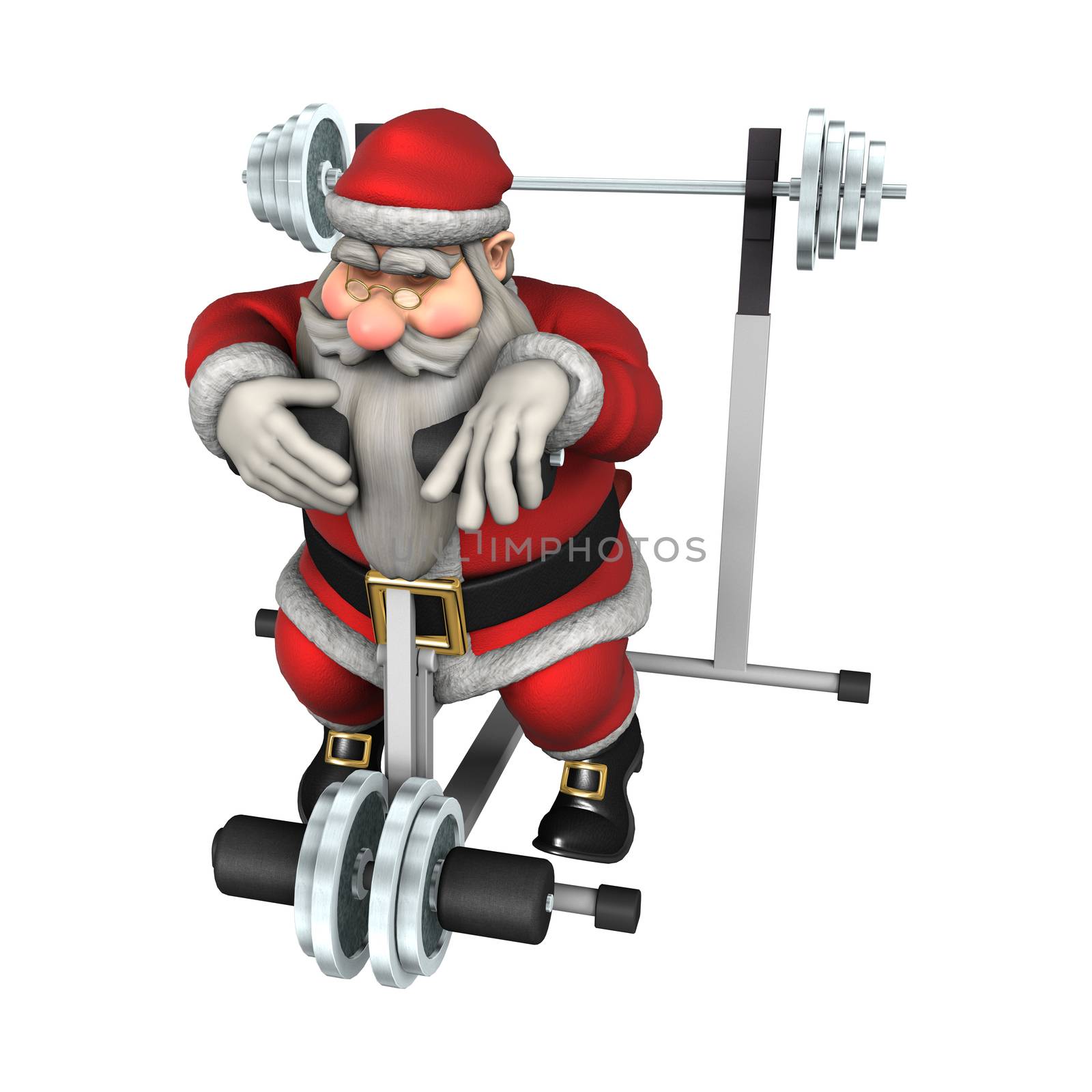 3D digital render of a tired Santa exercising on a power bench isolated on white background