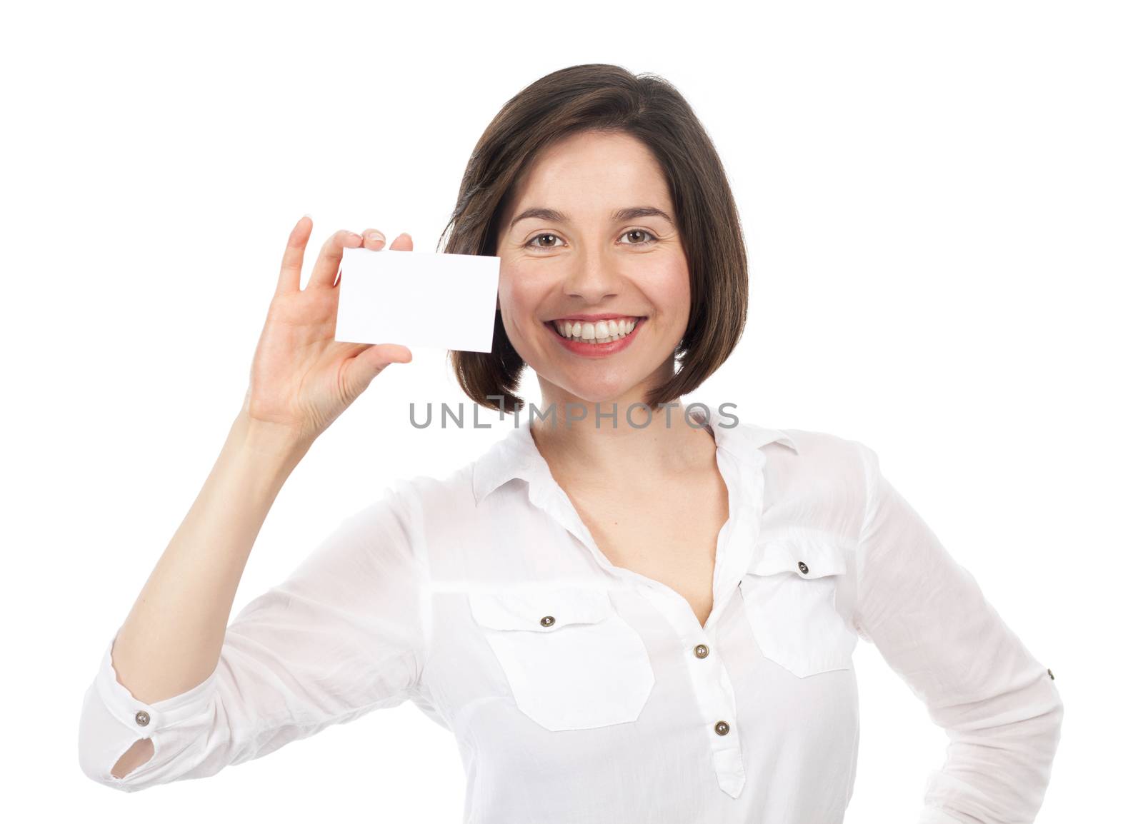 Beautiful woman showing a blank business card by TristanBM