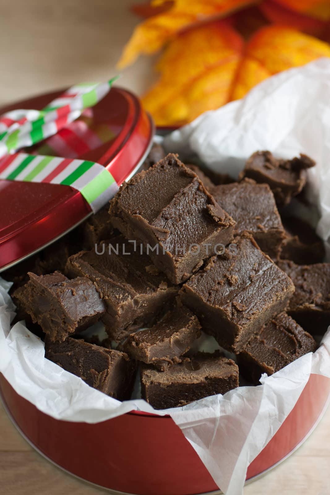 Handmade fudge packed in a holiday gift tin.