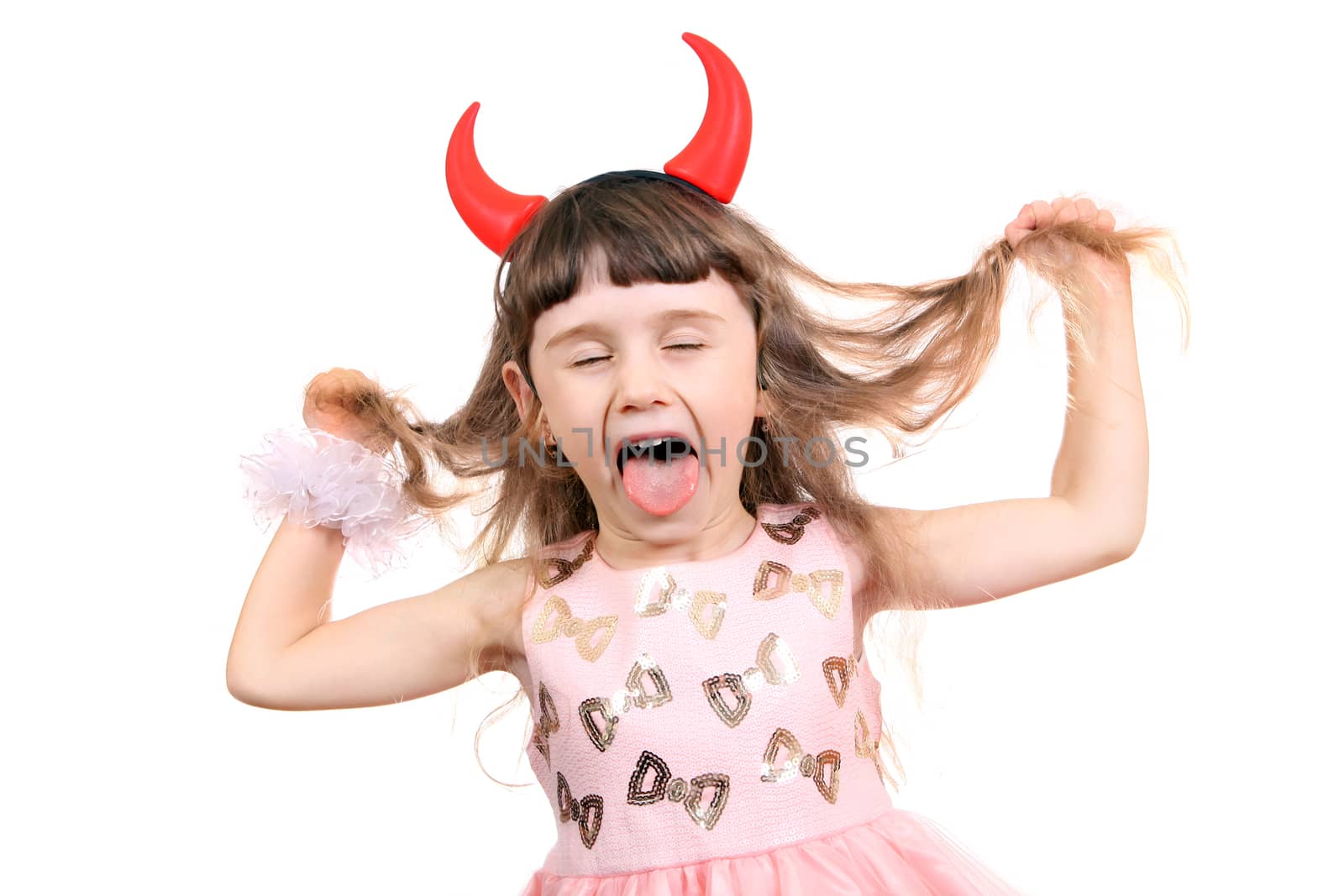 Naughty Little Girl with Devil Horns on the White Background