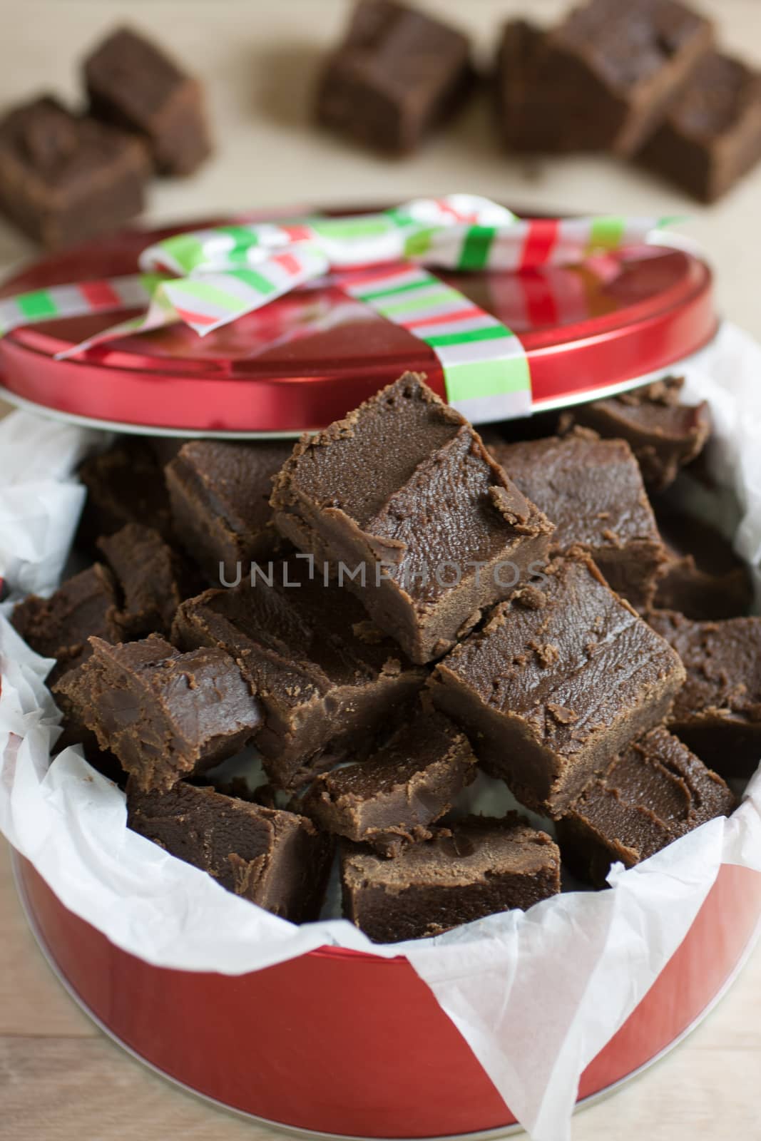 Handmade fudge packed in a holiday gift tin.