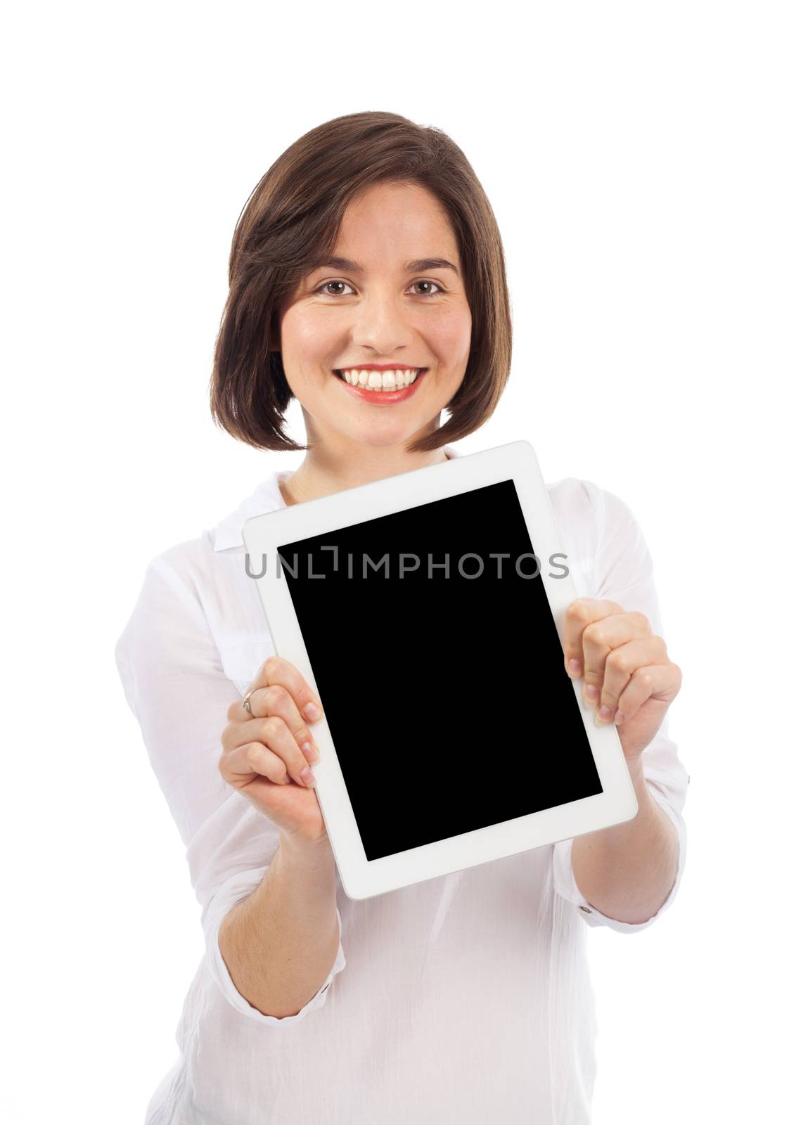 Brunette showing a digital tablet by TristanBM