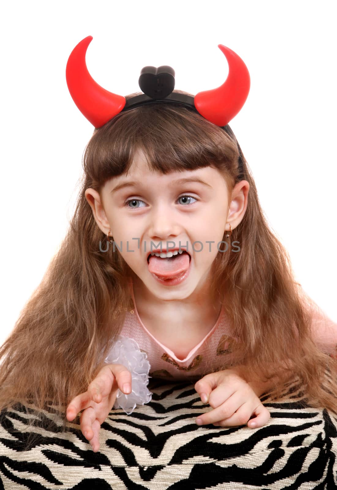 Naughty Little Girl with Devil Horns on the White Background