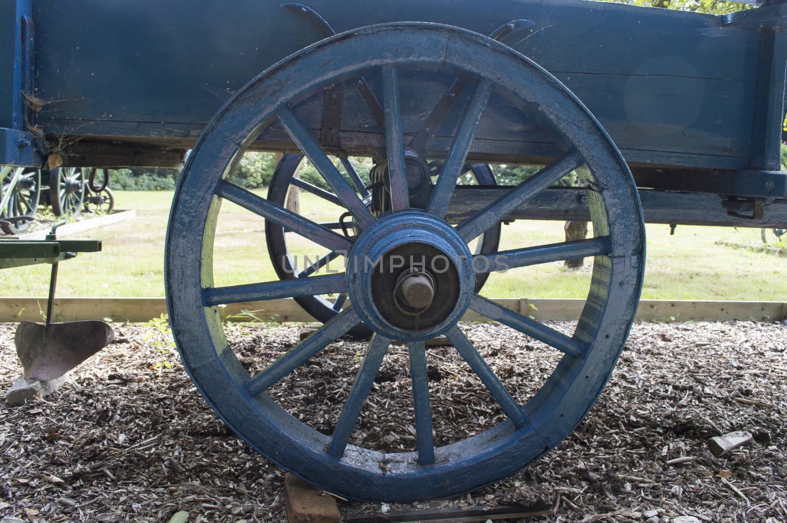 old blue wooden wheel from coach