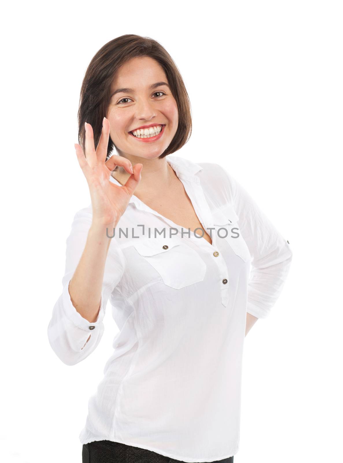 Portrait of positive woman having a successful gesture, isolated on white