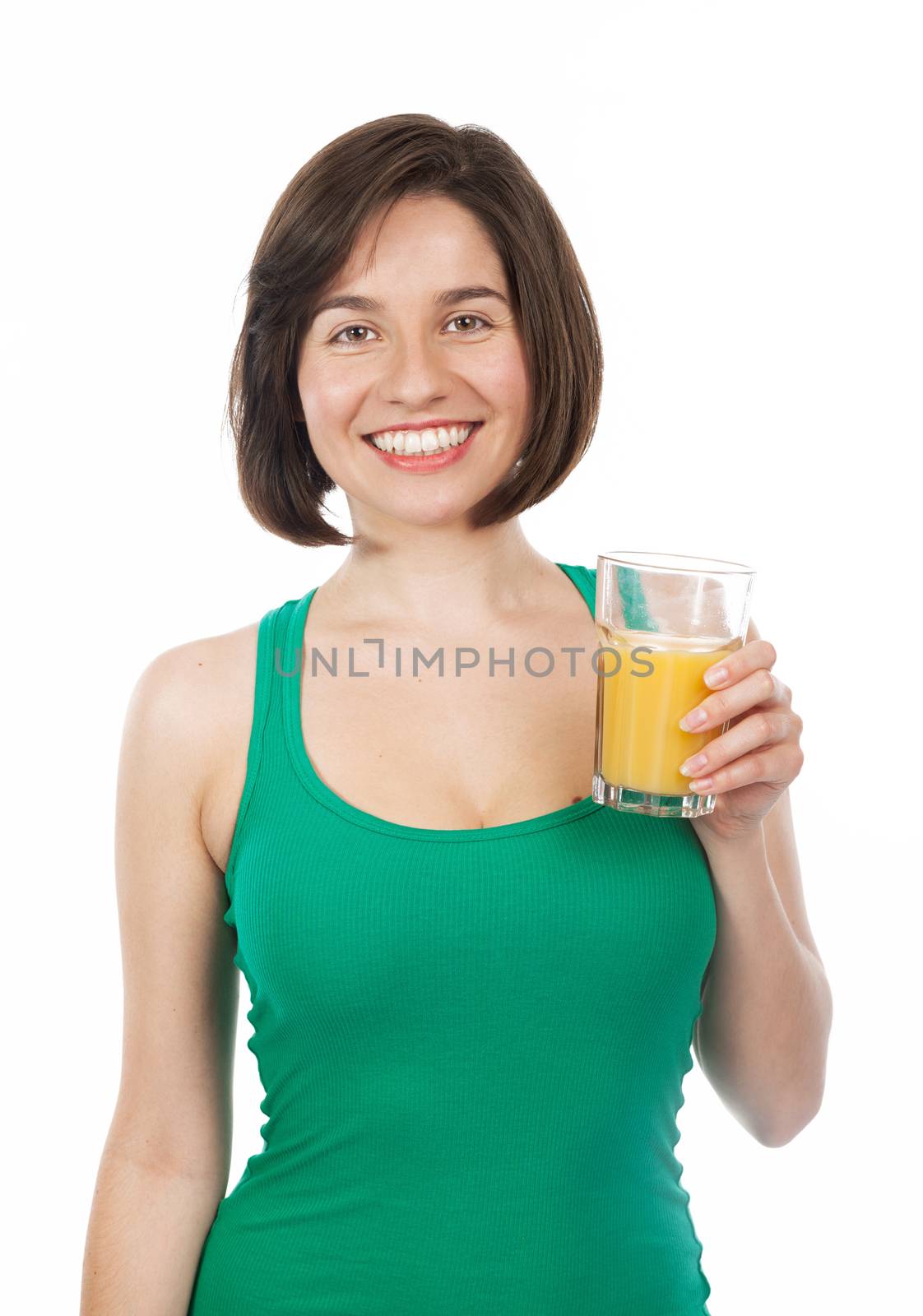 Portrait of a pretty woman drinking an orange juice, isolated on white