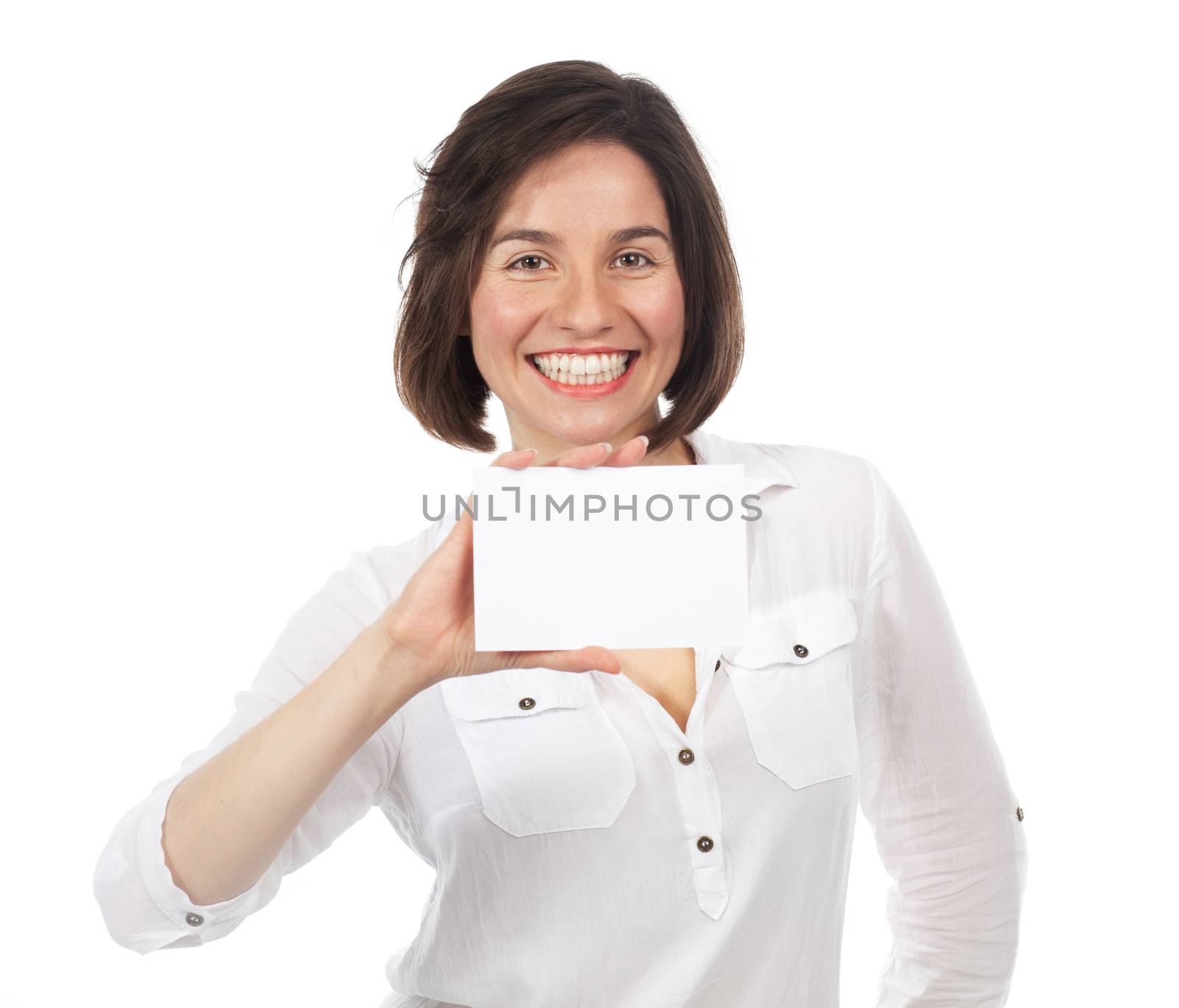 Happy woman showing a blank signboard by TristanBM