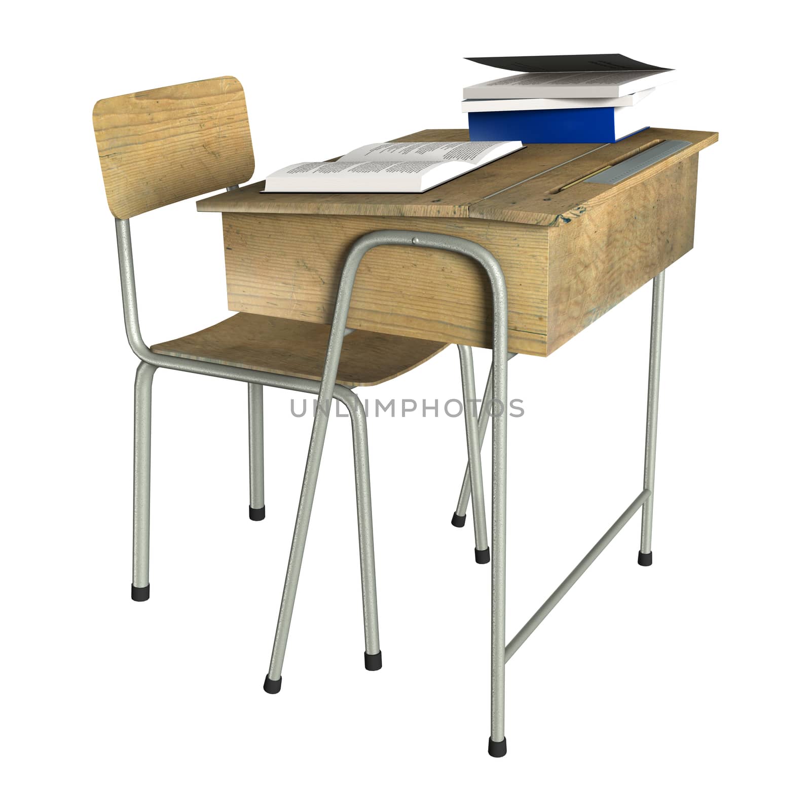 3D digital render of a wooden school desk with books on it isolated on white background