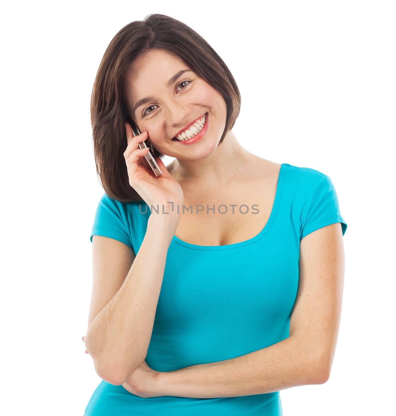 Pretty woman on the phone, isolated on white