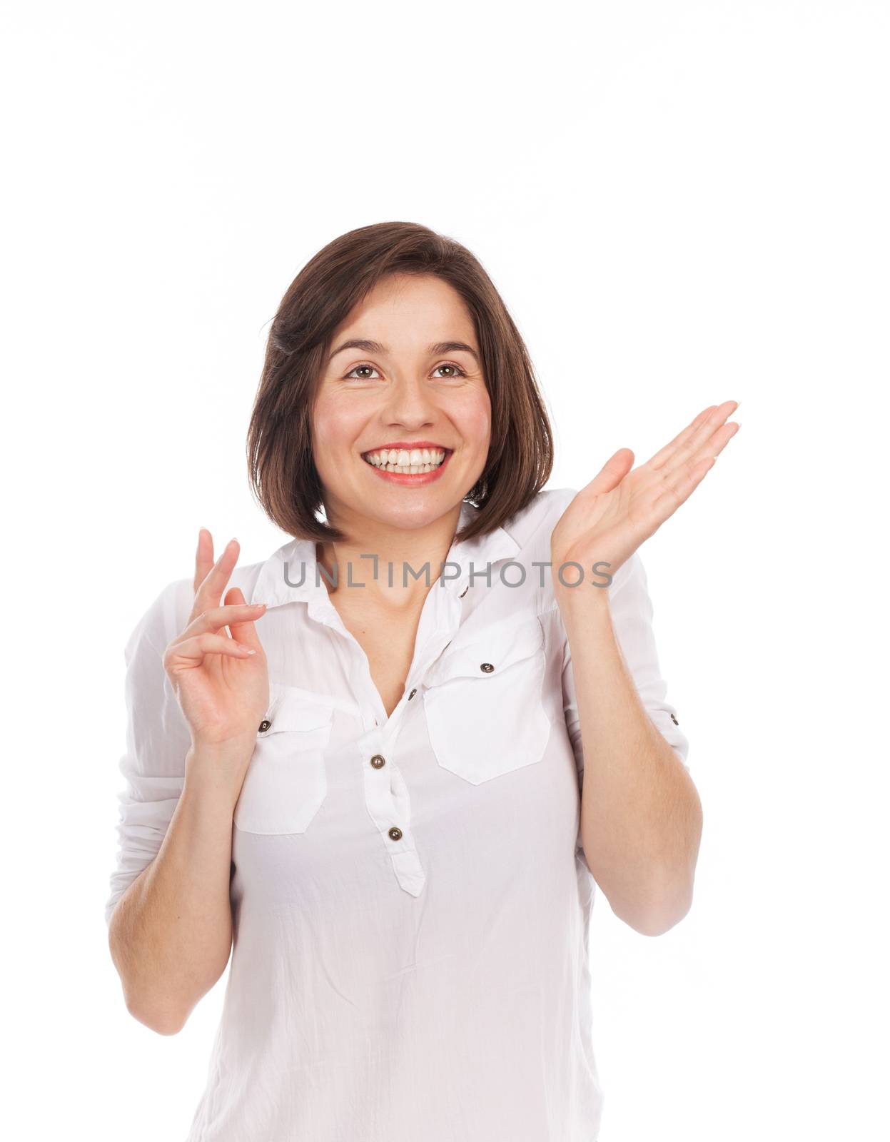 Portrait of a young woman looking very joyful, isolated on white