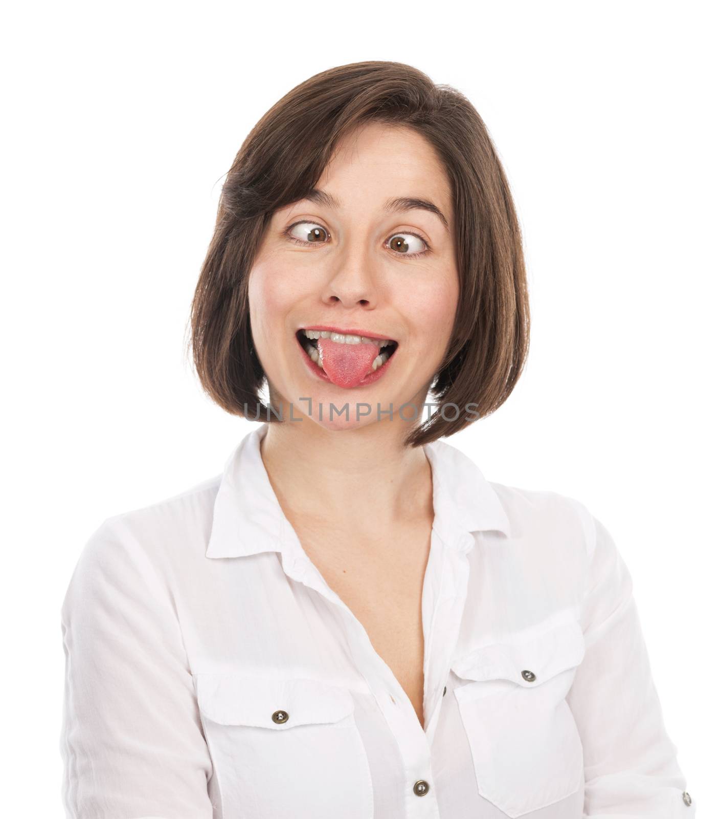 Portrait of a funny girl grimacing, isolated on white