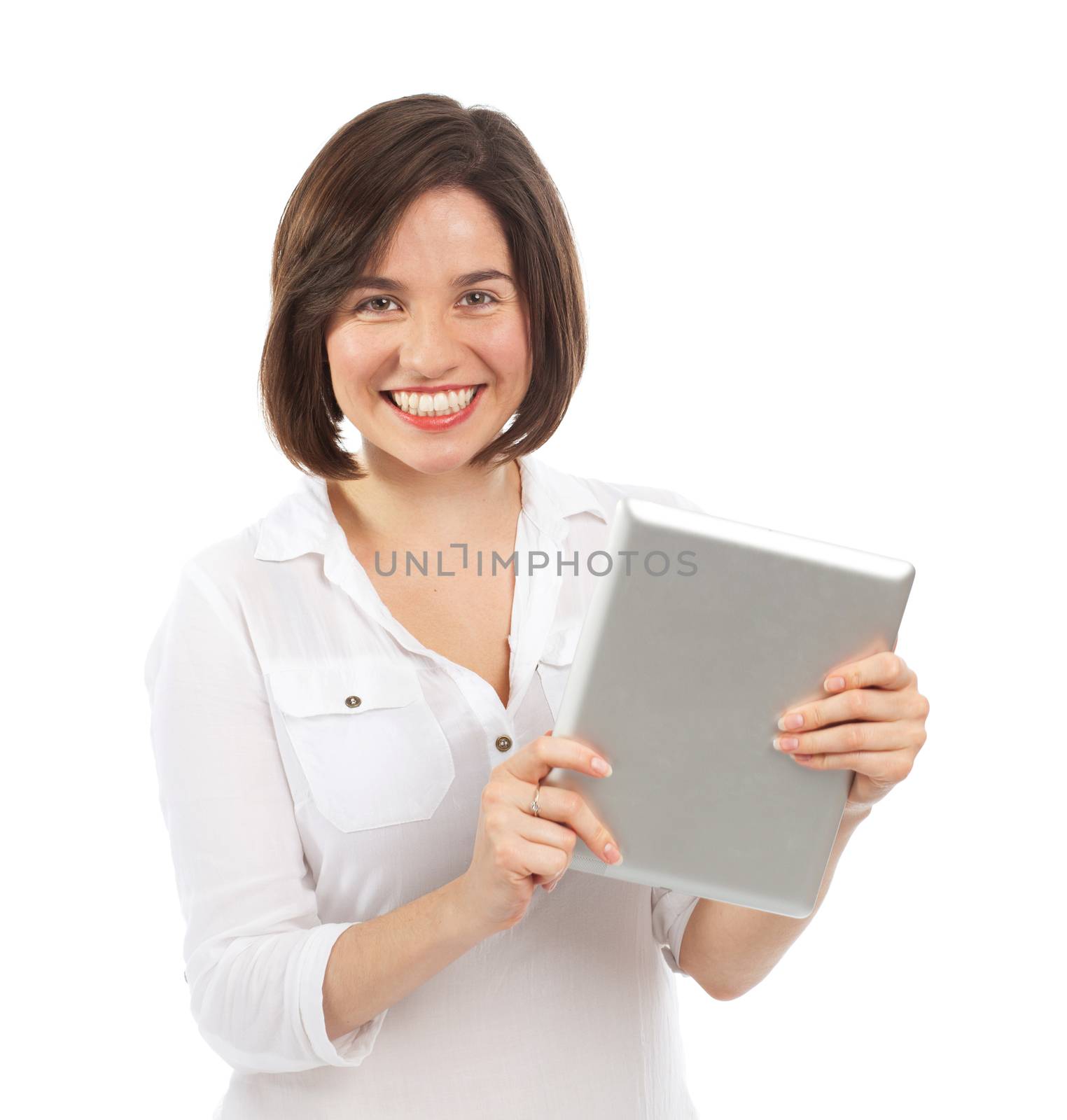 Young smiling woman holding an electronic tablet, isolated on white