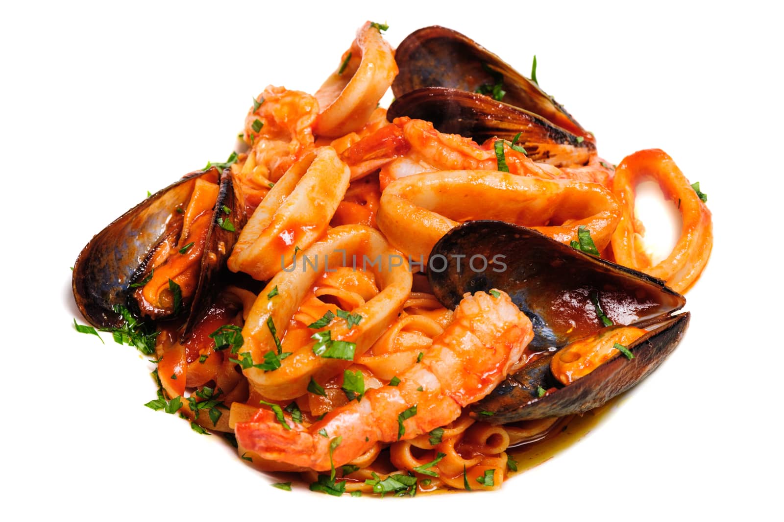 Seafood mixed saute with shrimps, mussels and squids,isoalted on white