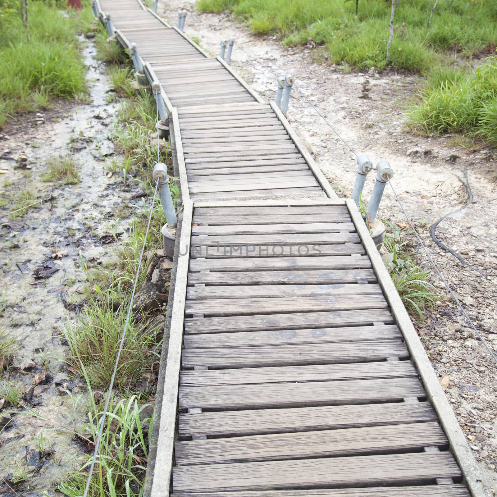 Walkway bridge and up the mountain. Wood bridge go up to the mountain peaks.