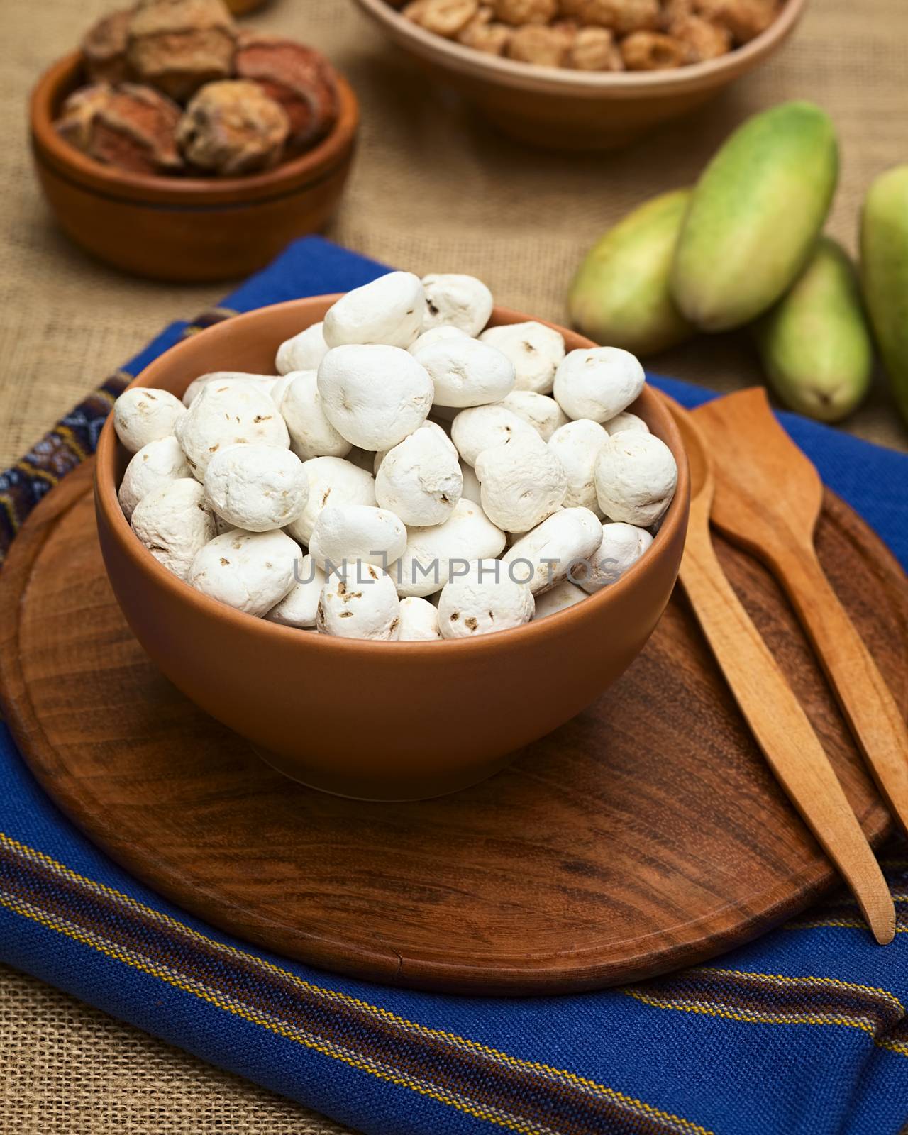 Tunta, also called white chuno or moraya, is a freeze-dried (dehydrated) potato made in the Andes region, mainly Bolivia and Peru. The potato is durable for a long time this way. Tunta and chuno are used in many traditional dishes in Bolivia (Selective Focus, Focus on the upper potatoes) (Photographed with natural light)