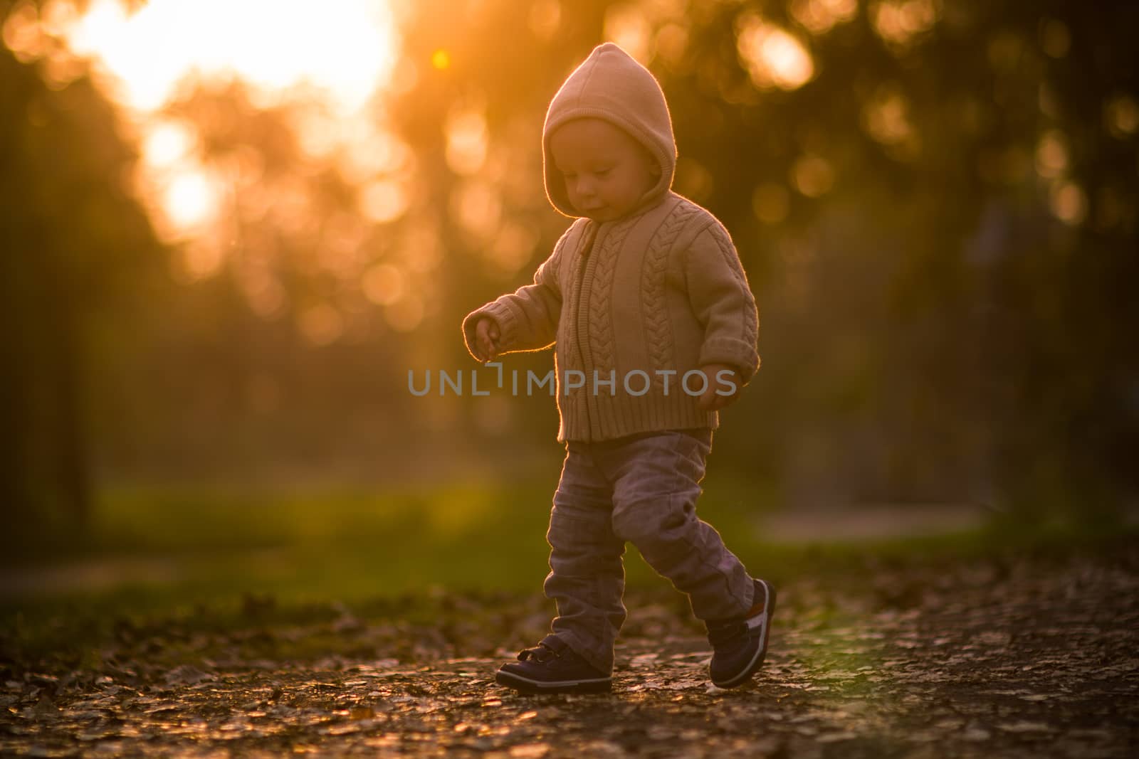 Toddler walking in the park, shoot against the sun