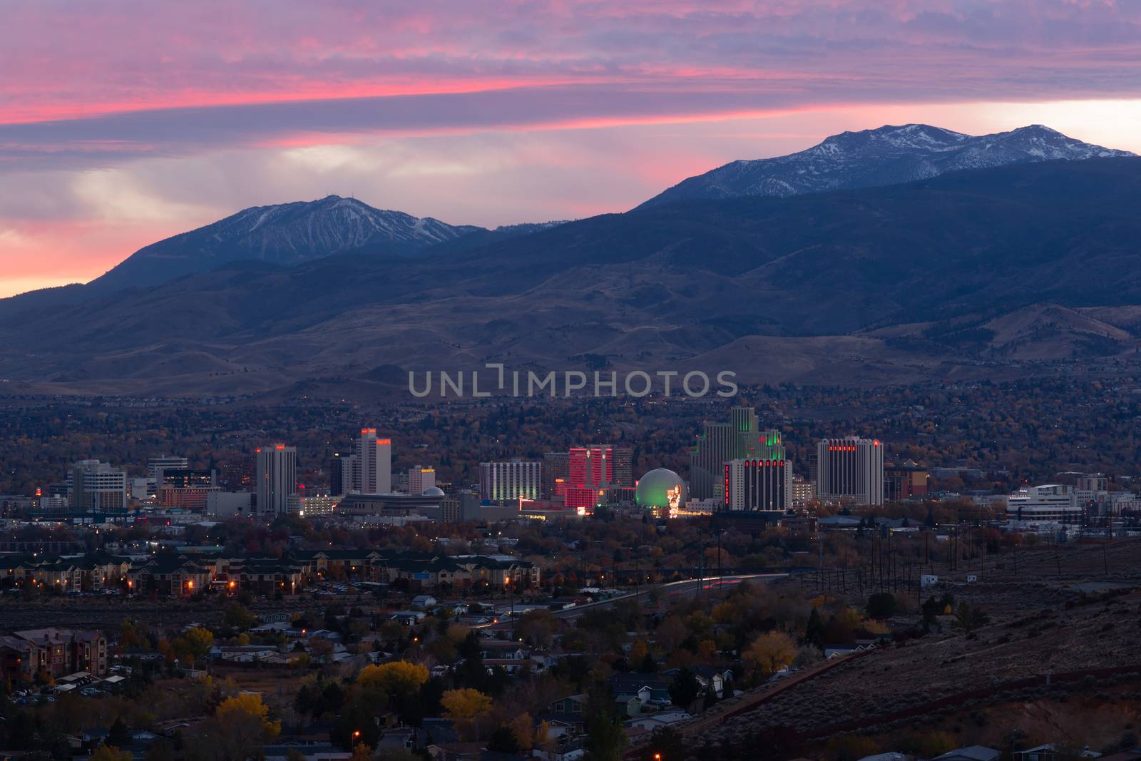 Reno Nevada Gambling City Evening Sunset Skyline Sunflower Mount by ChrisBoswell