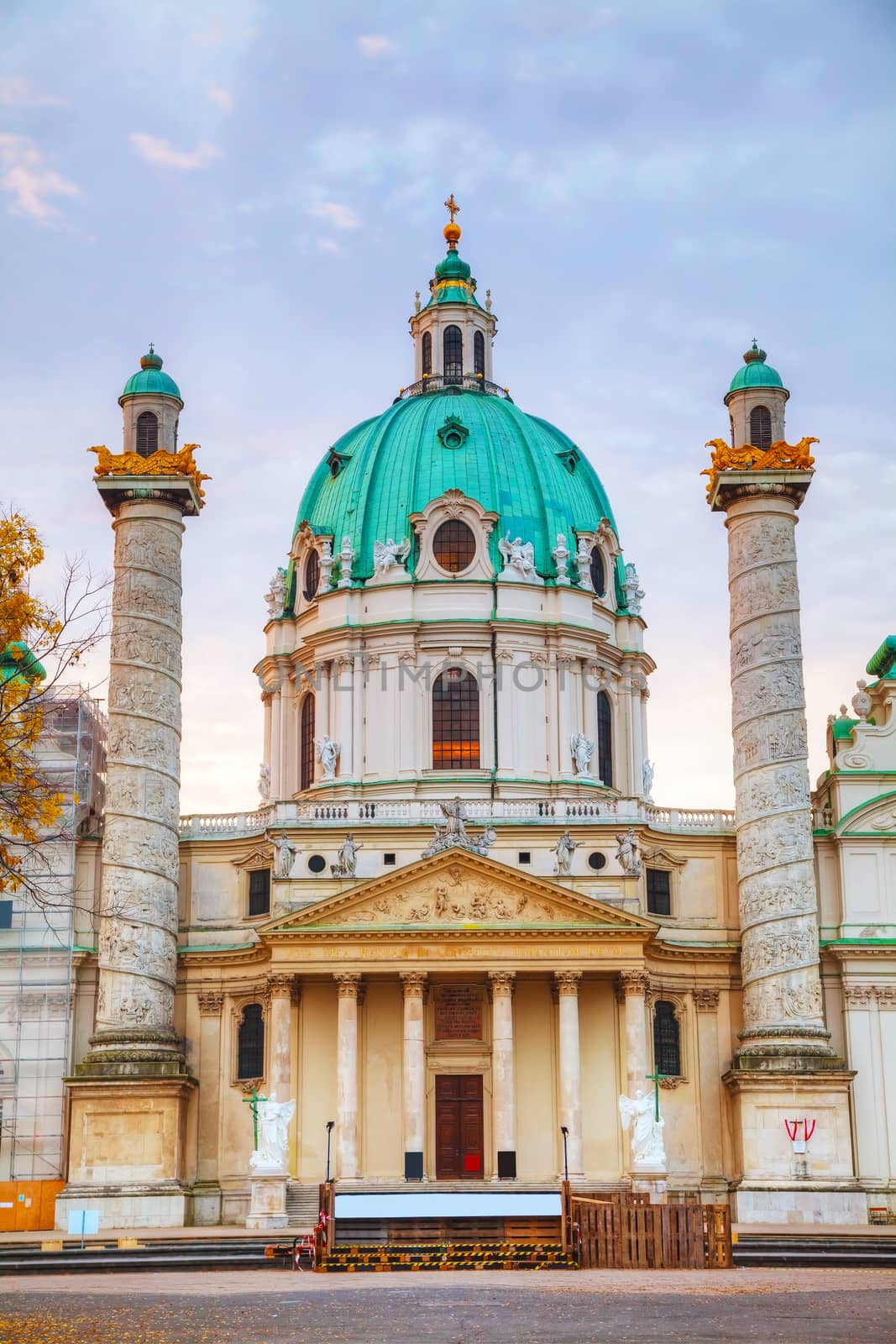 St. Charles's Church (Karlskirche) in Vienna, Austria at sunrise