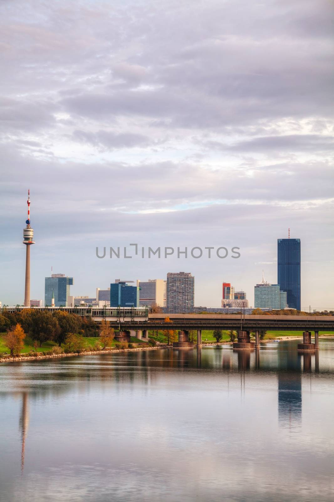 Vienna financial district cityscape with Danube river