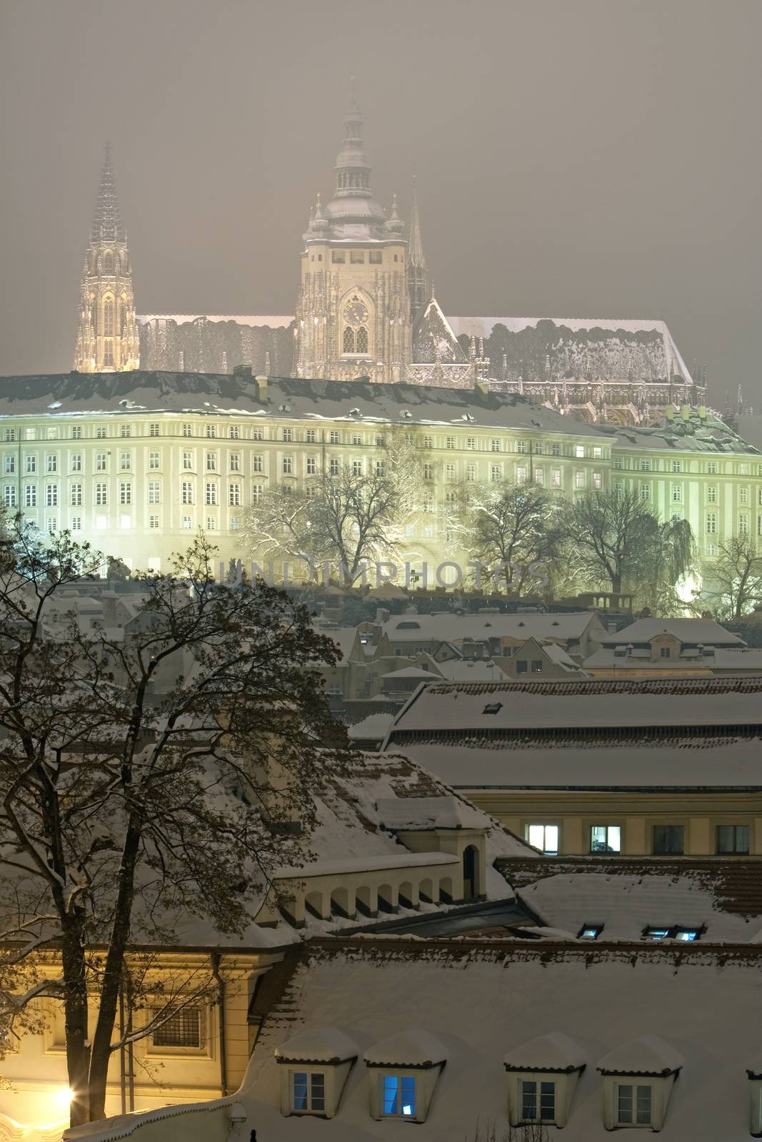 prague - hradcany castle and rooftops of mala strana in winter