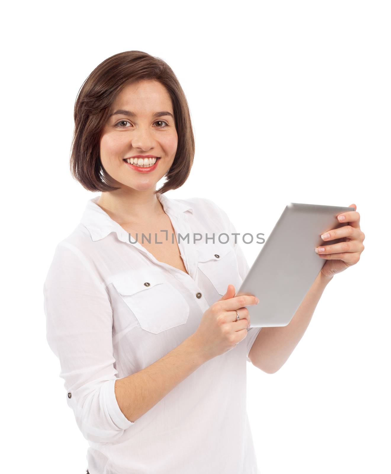 Smiling woman using an electronic tablet by TristanBM