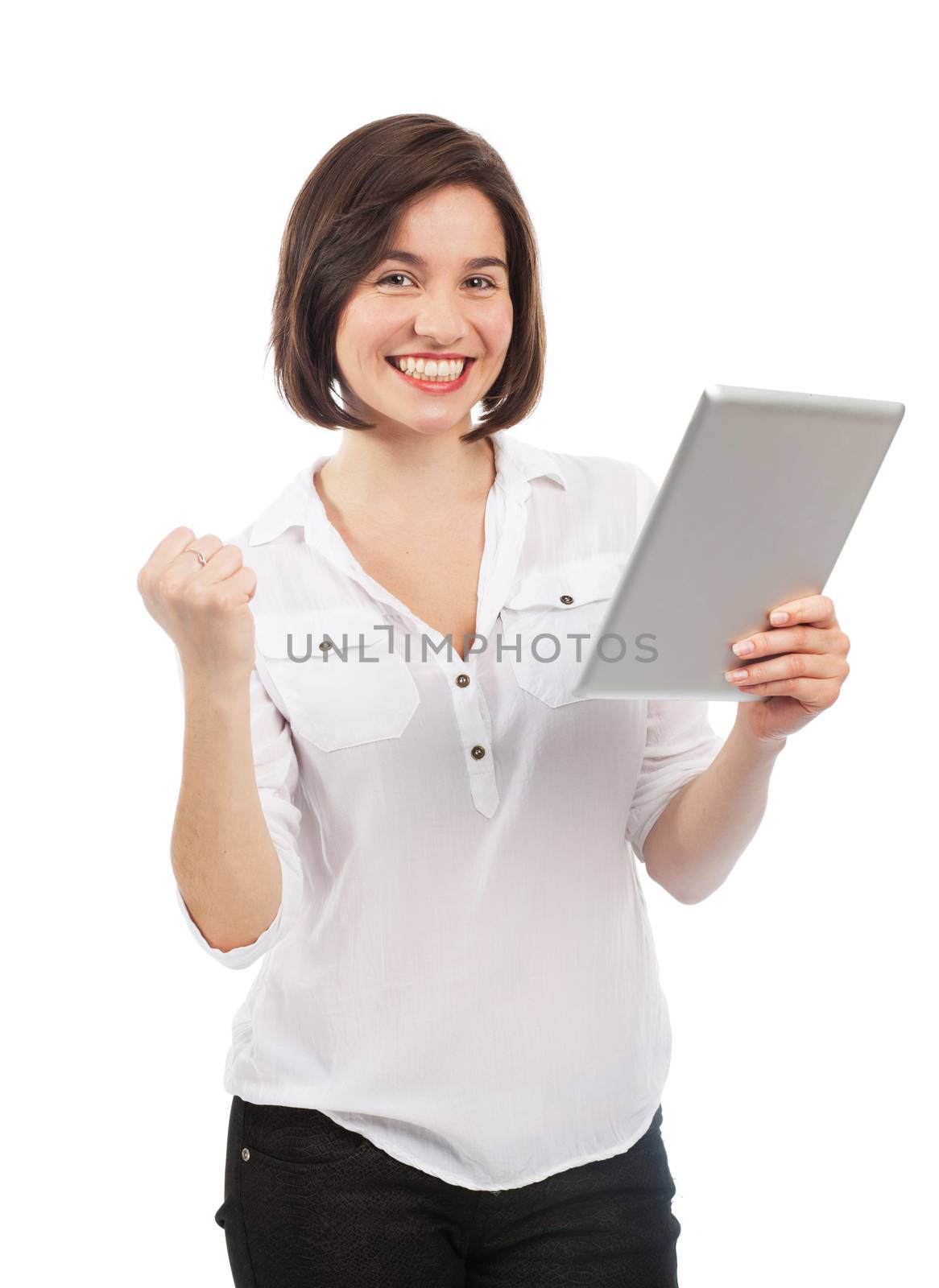Successful woman using an electronic tablet, isolated on white