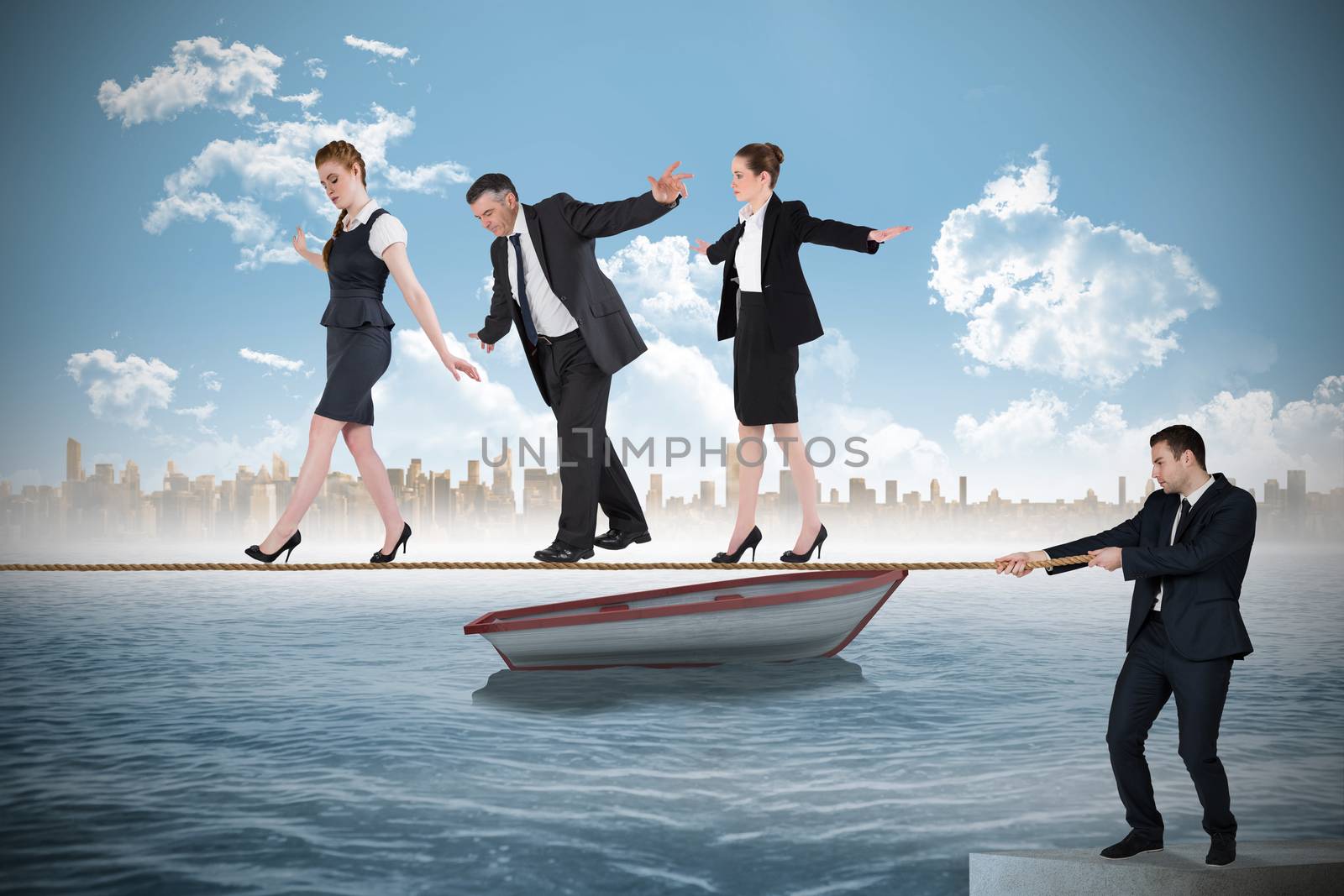 Young businessman pulling a tightrope for business people against small boat in the sea with city on horizon